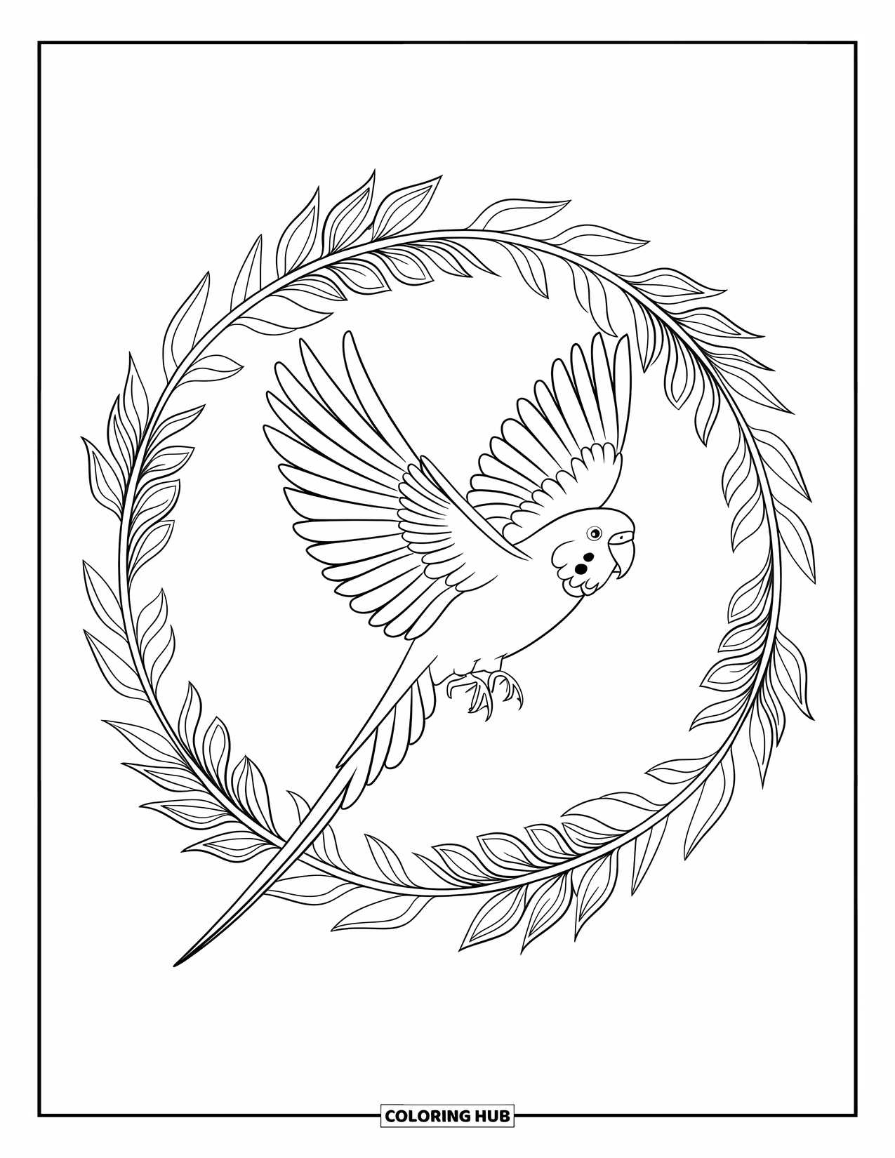 Parakeet Coloring Page for Adults: Parakeet flies with wings spread wide inside a botanical wreath