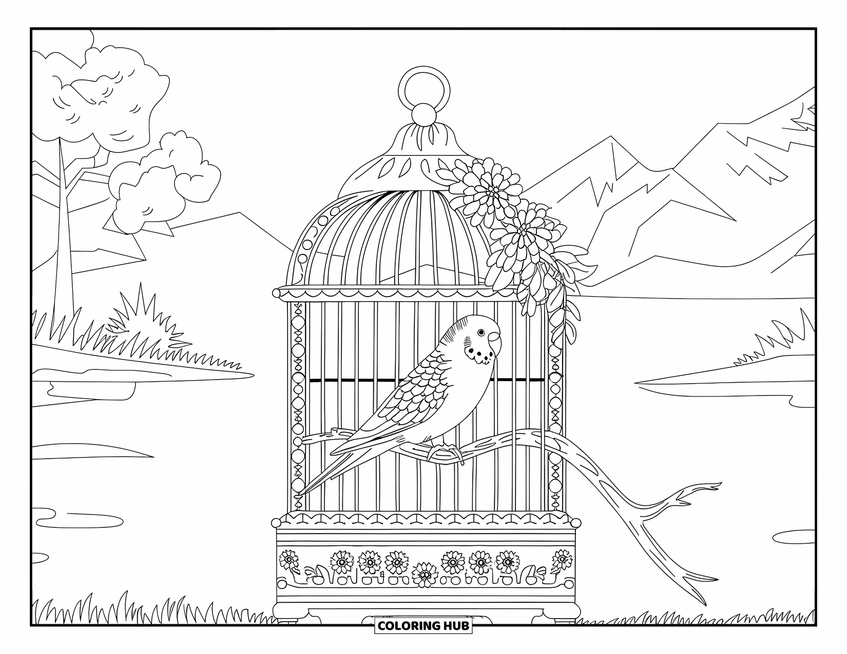 Parakeet Coloring Page for Adults: Parakeet in a floral birdcage stands on a wooden base near a peaceful lakeside view