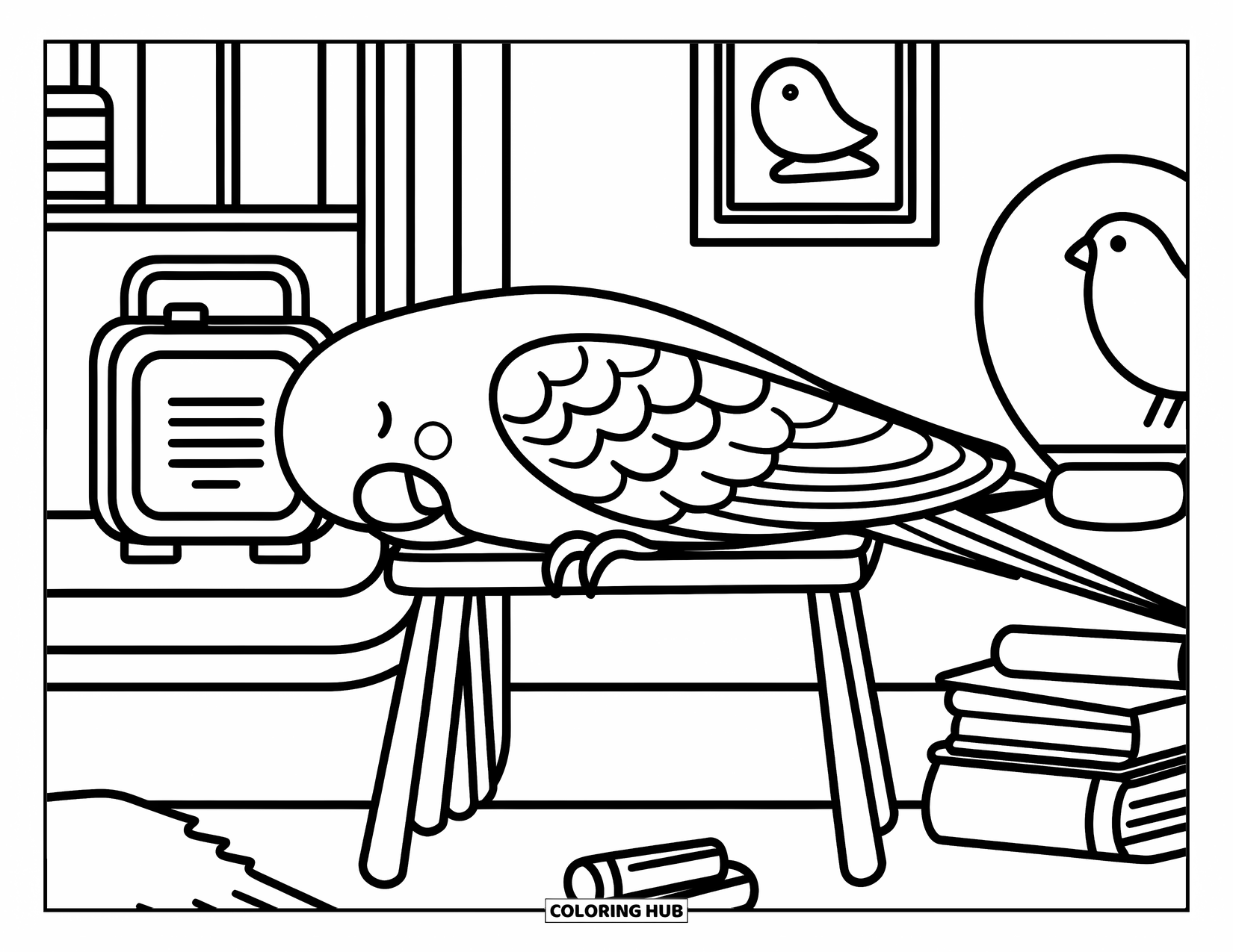 Parakeet Coloring Page for Adults: Parakeet naps peacefully in a warm room with a radio, books, and a tiny nightlight