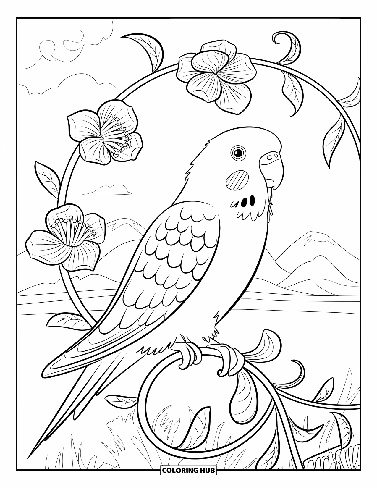 Parakeet Coloring Page for Adults: Parakeet on a floral vine twines around a trellis with mountains in the distance