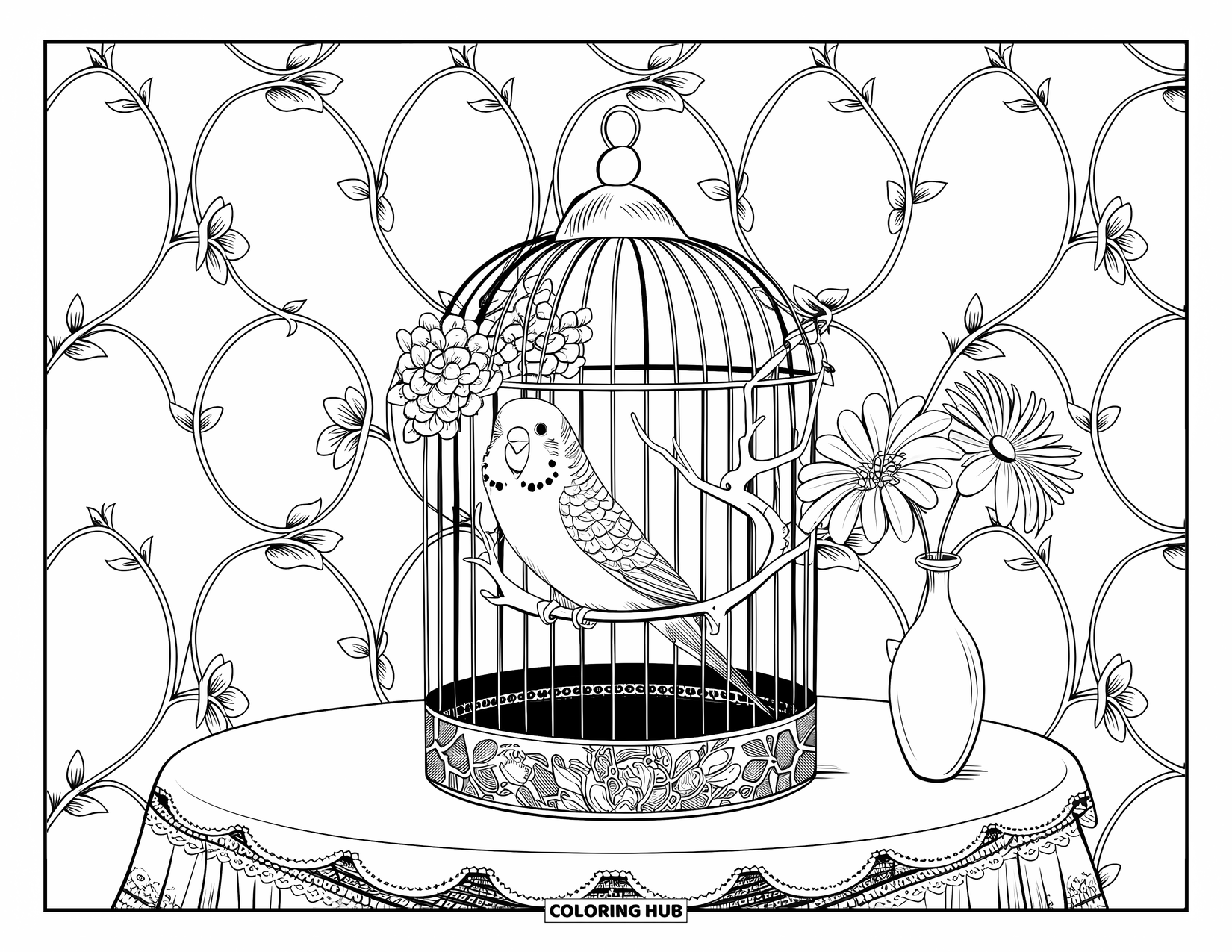 Parakeet Coloring Page for Adults: Parakeet perches in a floral birdcage beside a vase and a patterned wall