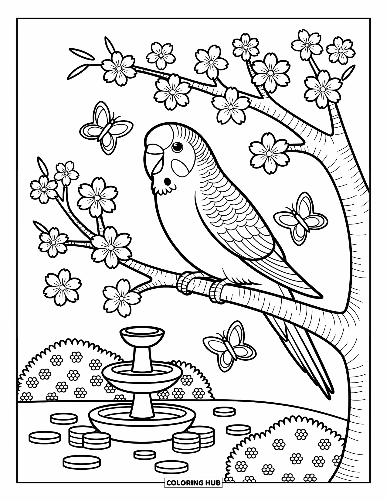 Parakeet Coloring Page for Adults: Parakeet perches on a branch of cherry blossoms with butterflies fluttering nearby