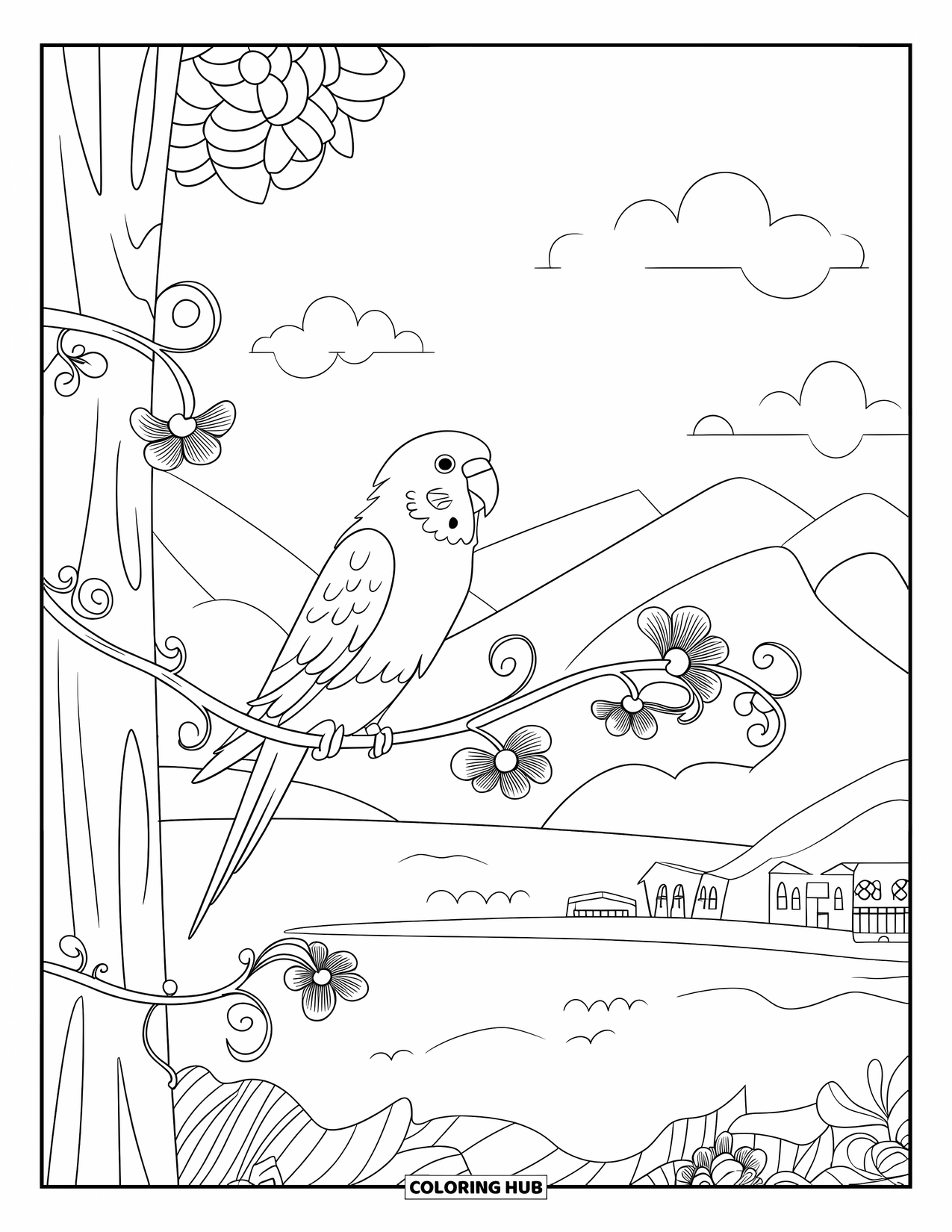Parakeet Coloring Page for Adults: Parakeet perches on a vine wrapped around a tree near mountains and water