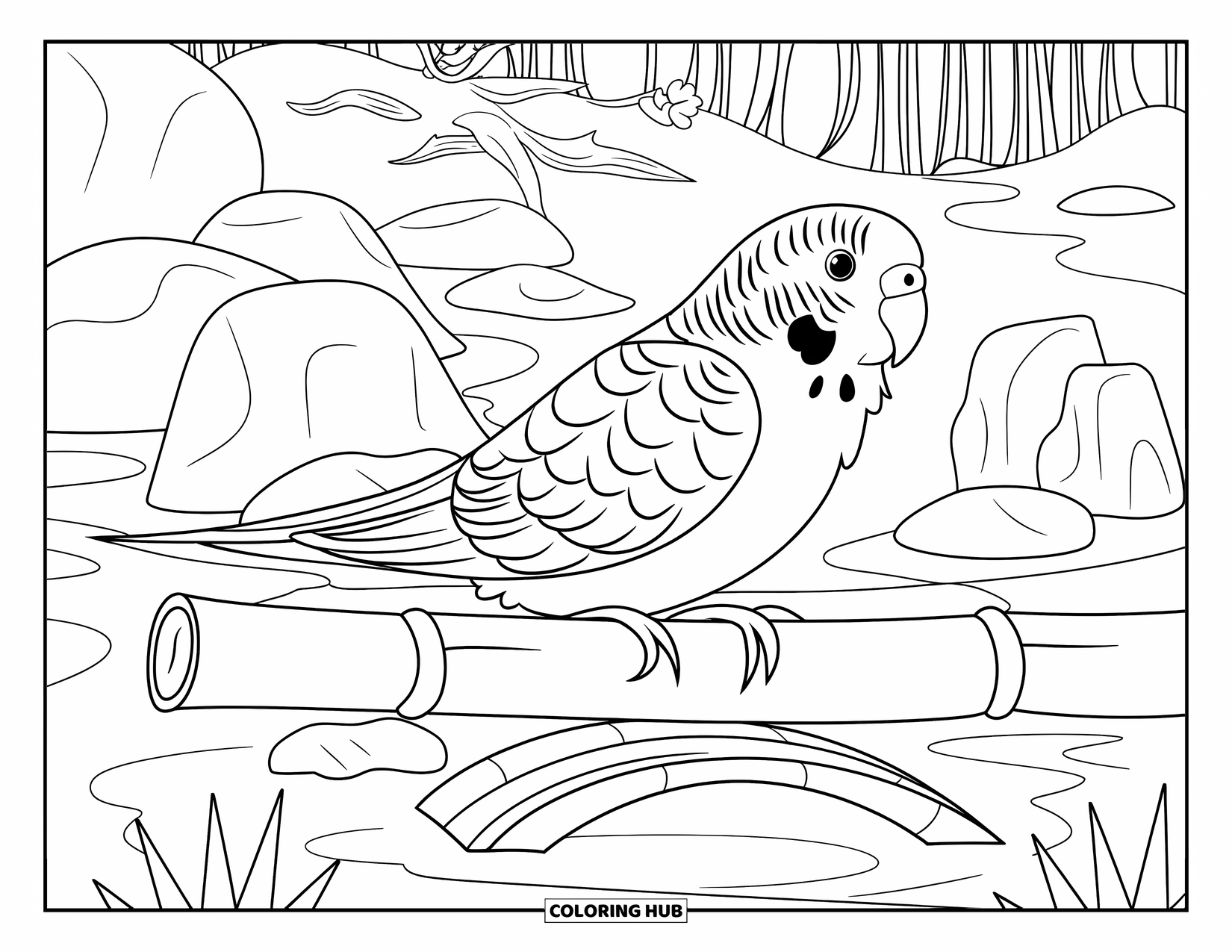 Parakeet Coloring Page for Adults: Parakeet rests on a bamboo perch above a peaceful garden with rocks and plants