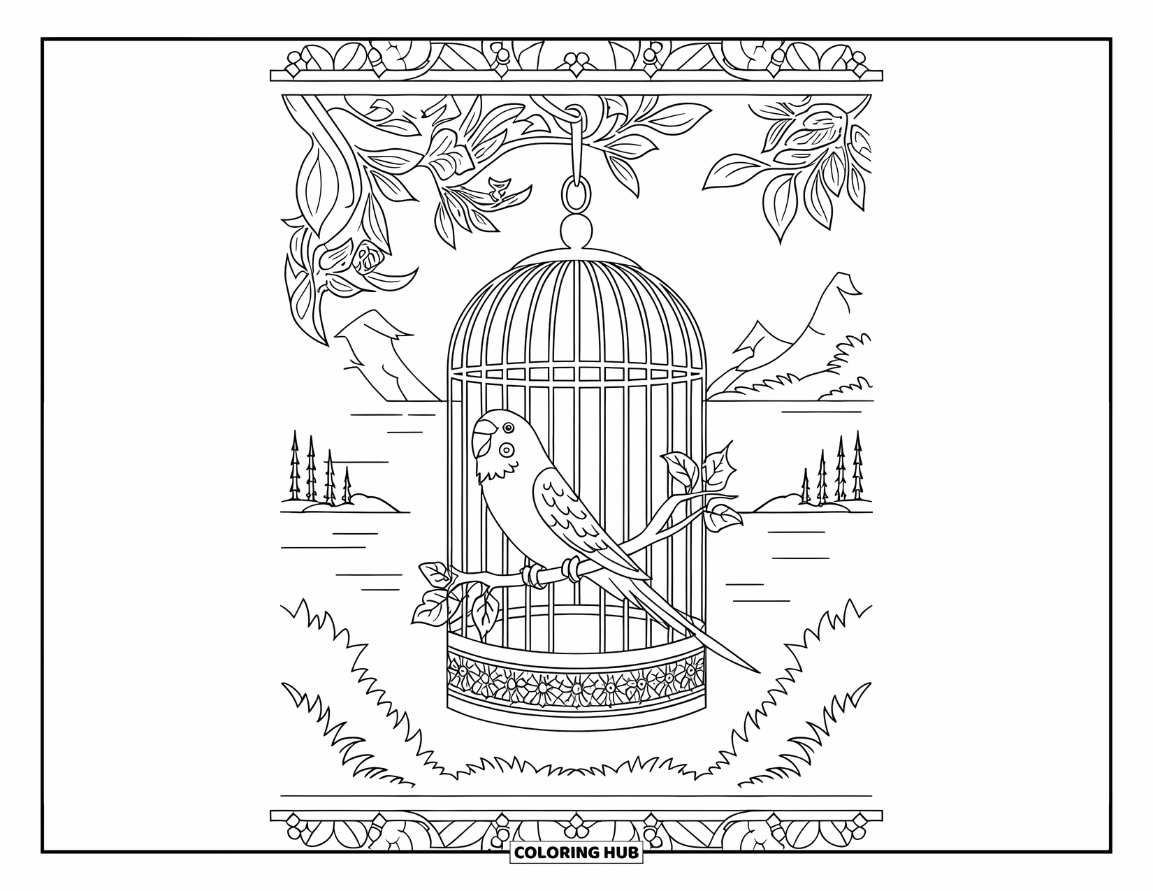 Parakeet Coloring Page for Adults: Parakeet sits in a floral Victorian birdcage hanging near a peaceful lake and trees