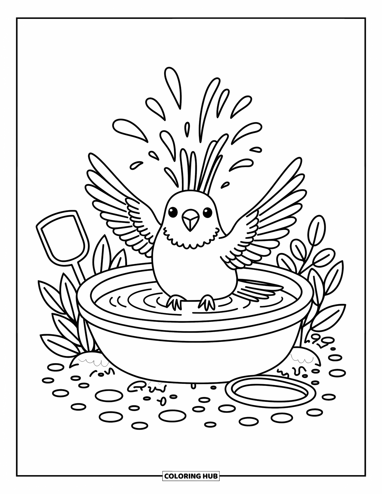 Parakeet Coloring Page for Adults: Parakeet splashes in a bird bath while another watches among leaves and mini tools