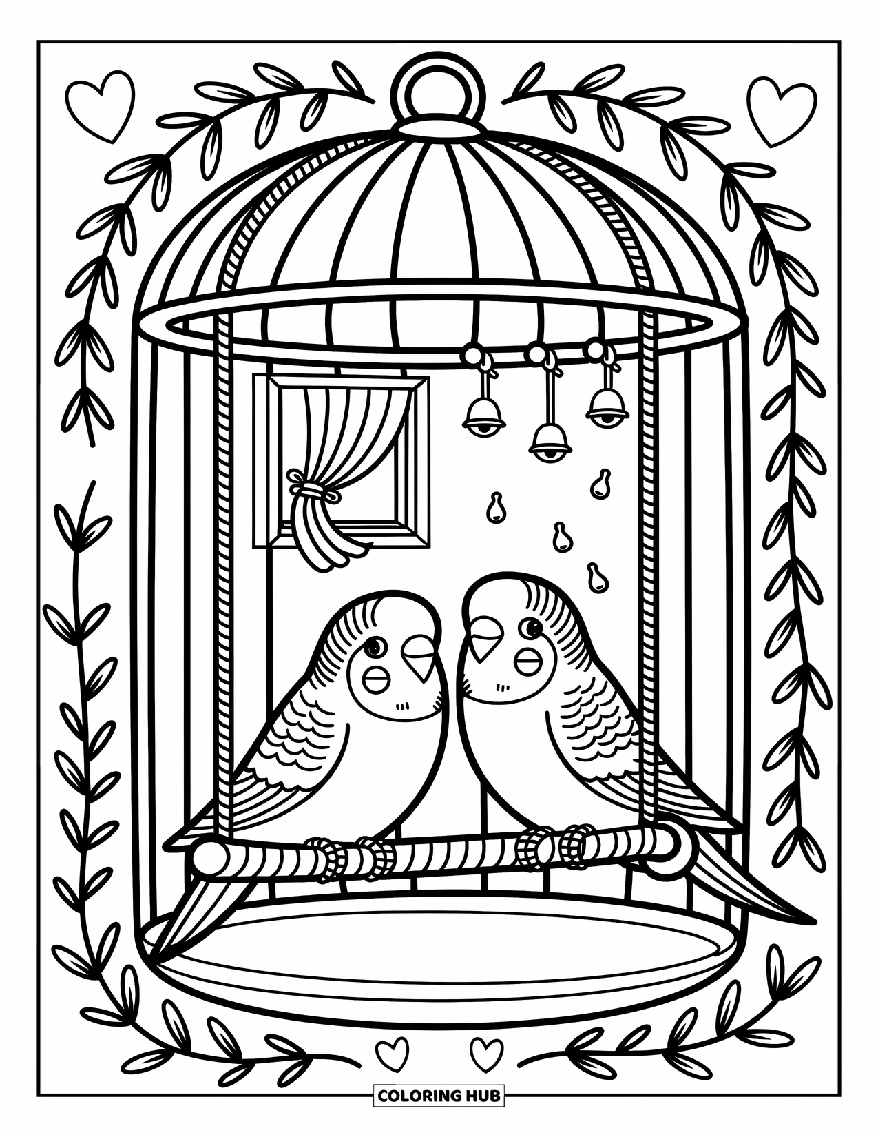Parakeet Coloring Page for Adults: Parakeets on a swing inside a cage with toys, bells, vines, and fluttering curtains