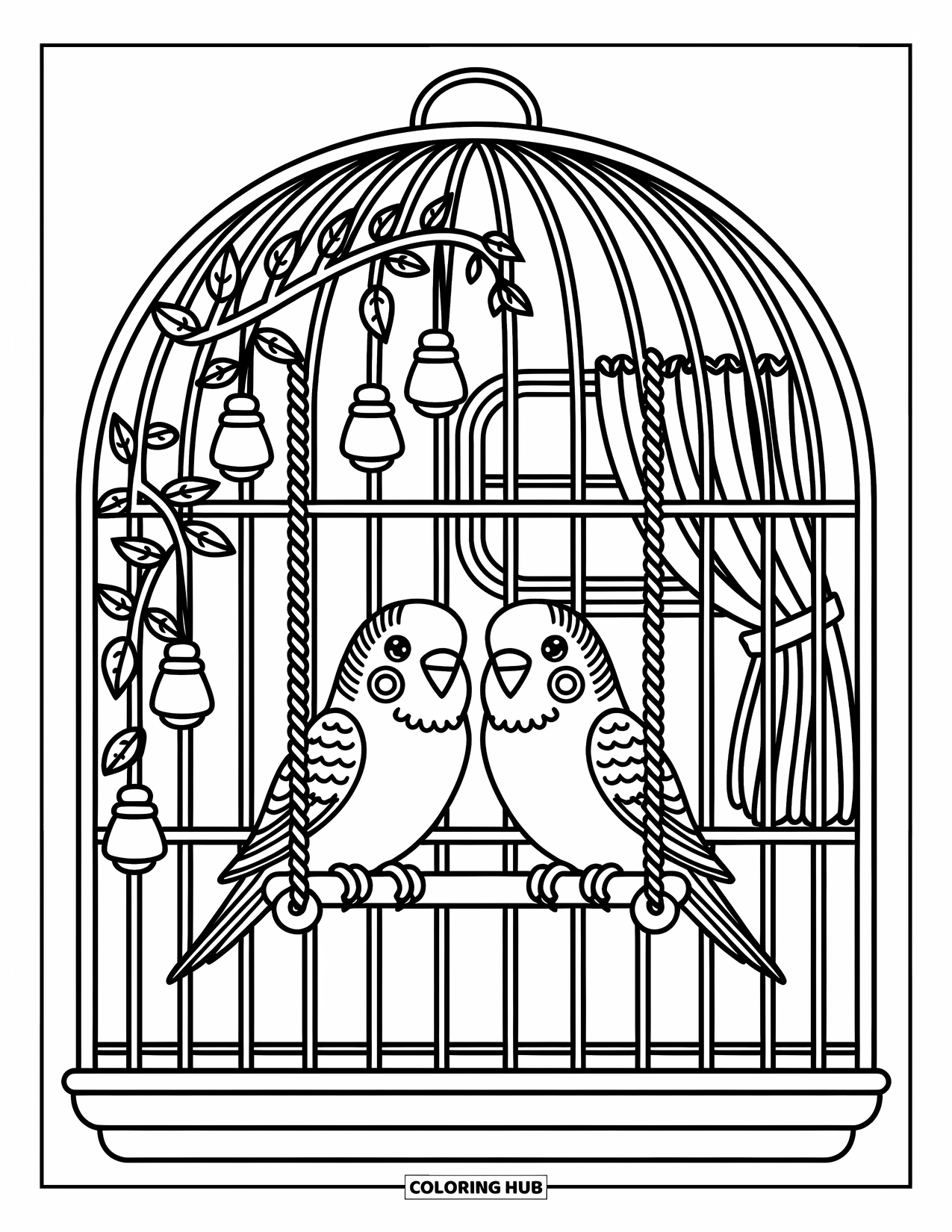 Parakeet Coloring Page for Adults: Two parakeets perch on a swing in a decorated birdcage with toys and leafy vines