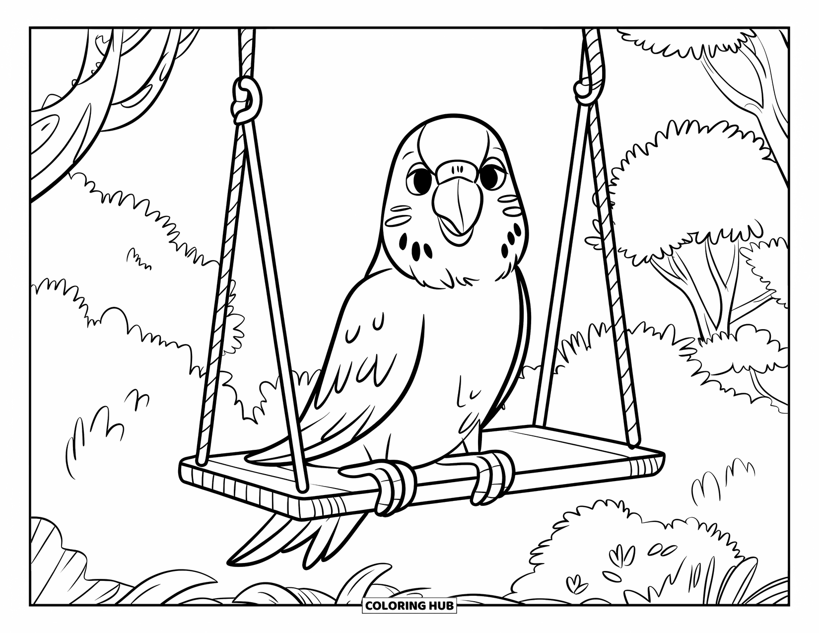 Parakeet Coloring Page for Kids: Cheerful parakeet swings above a forest and wooden platform