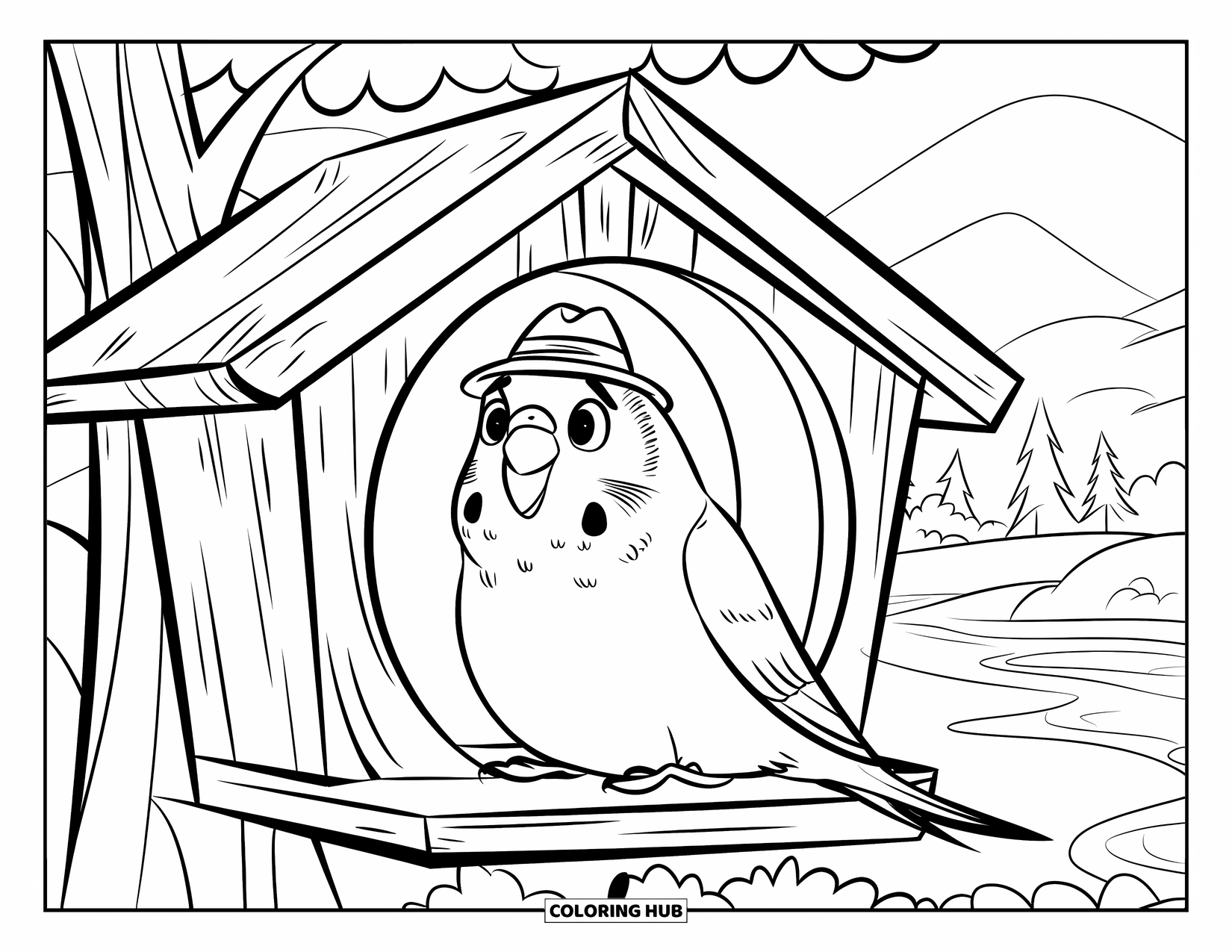 Parakeet Coloring Page for Kids: Chubby parakeet in a cozy birdhouse smiles under trees by the river
