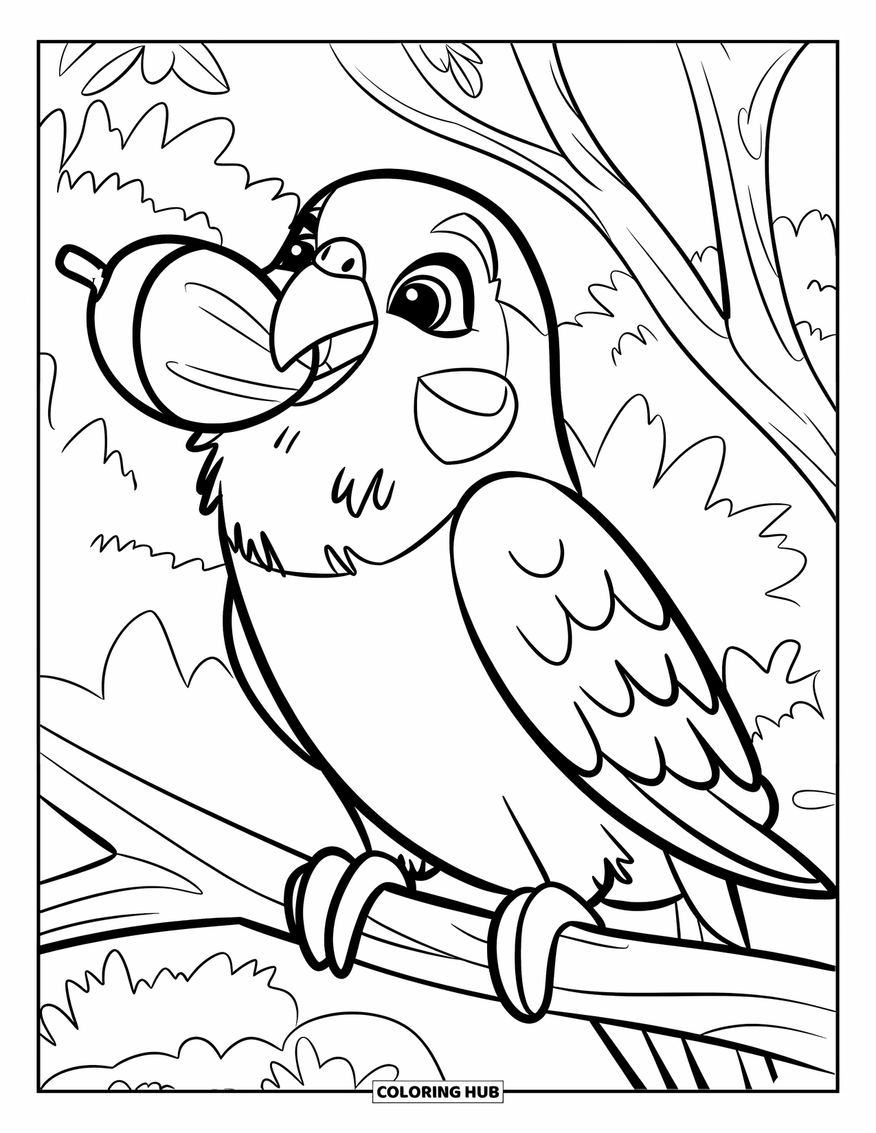 Parakeet Coloring Page for Kids: Parakeet grins with a big seed in its beak on a branch in the forest