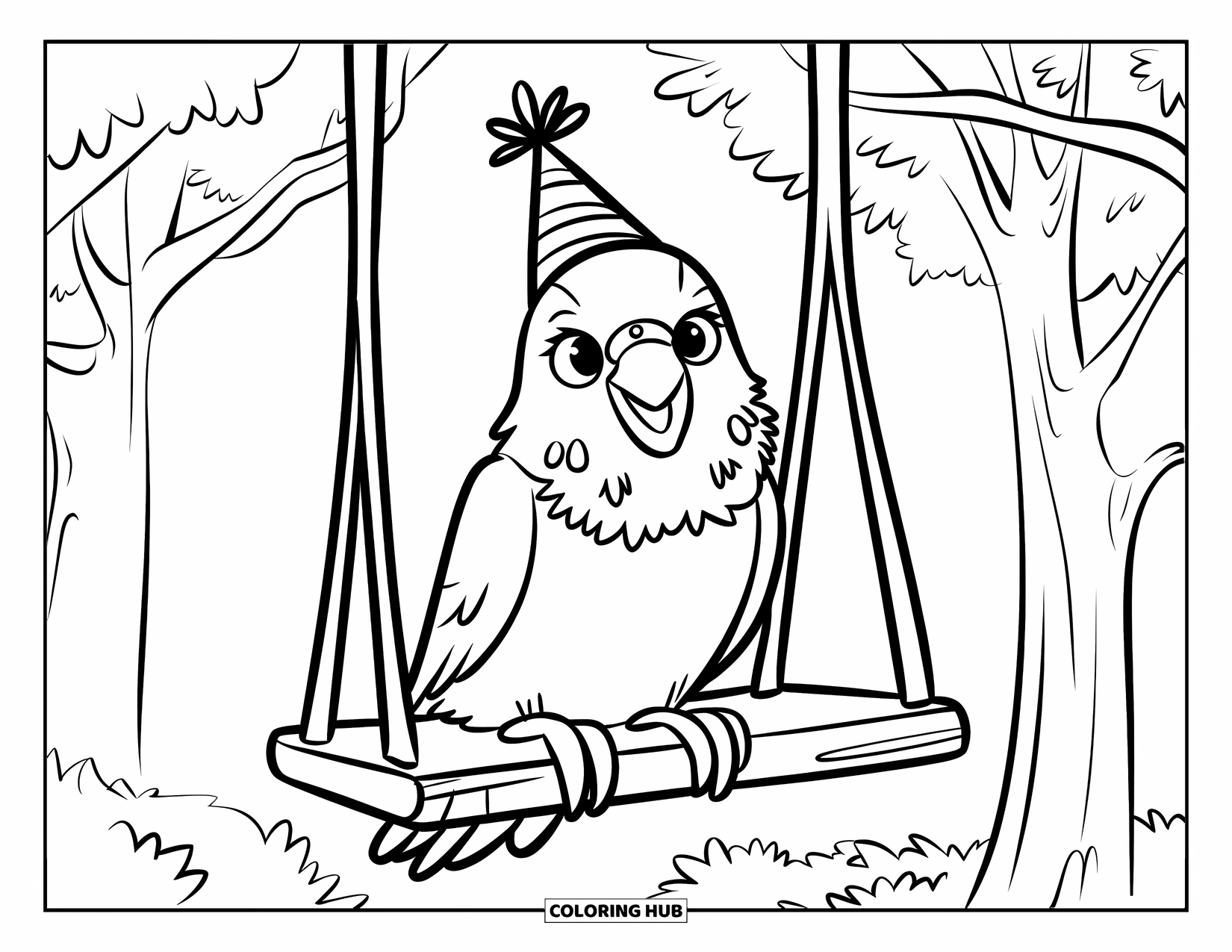Parakeet Coloring Page for Kids: Parakeet in a party hat swings from a tree branch in a forest