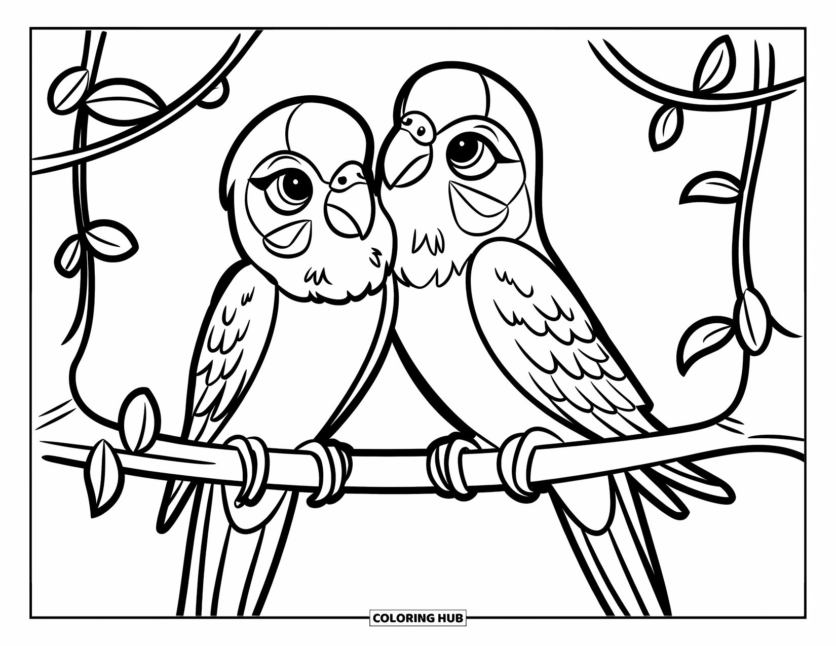 Parakeet Coloring Page for Kids: Parakeet pair lovingly preen on a leafy vine perch with bold outlines