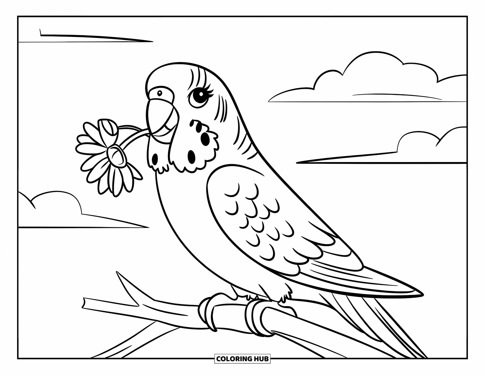 Parakeet Coloring Page for Kids: Parakeet perches with a flower in its beak under a cloudy sky