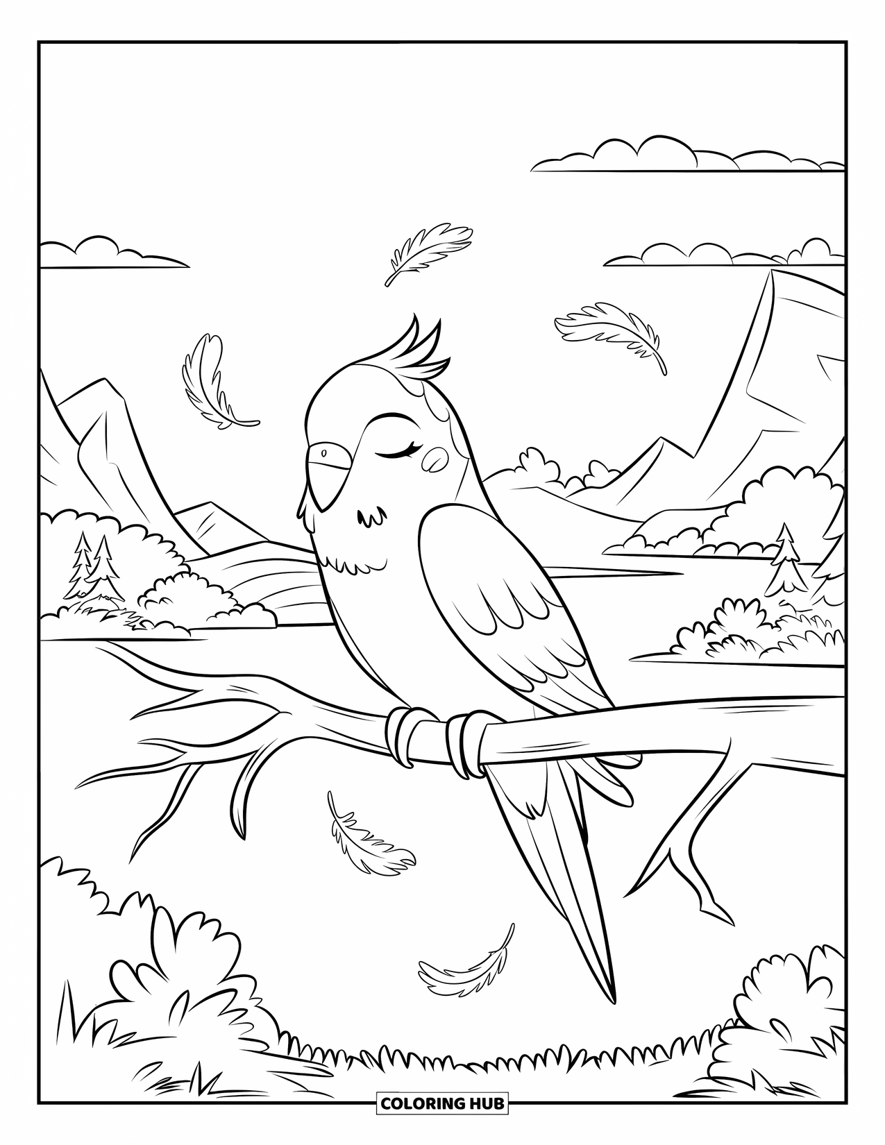 Parakeet Coloring Page for Kids: Parakeet sleeps on a bare branch surrounded by floating feathers and soft clouds