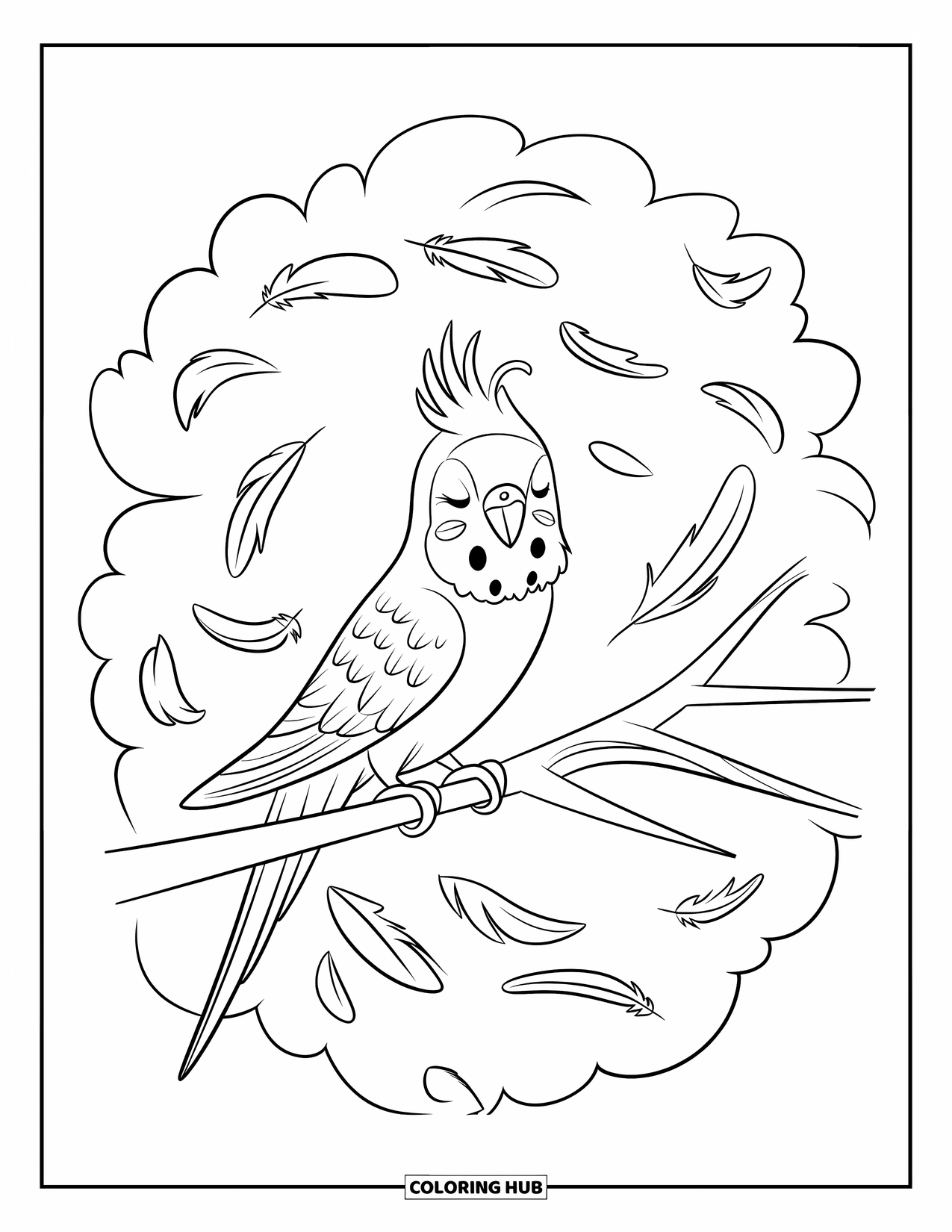 Parakeet Coloring Page for Kids: Parakeet squawks happily while feathers swirl around in a fluffy cloud