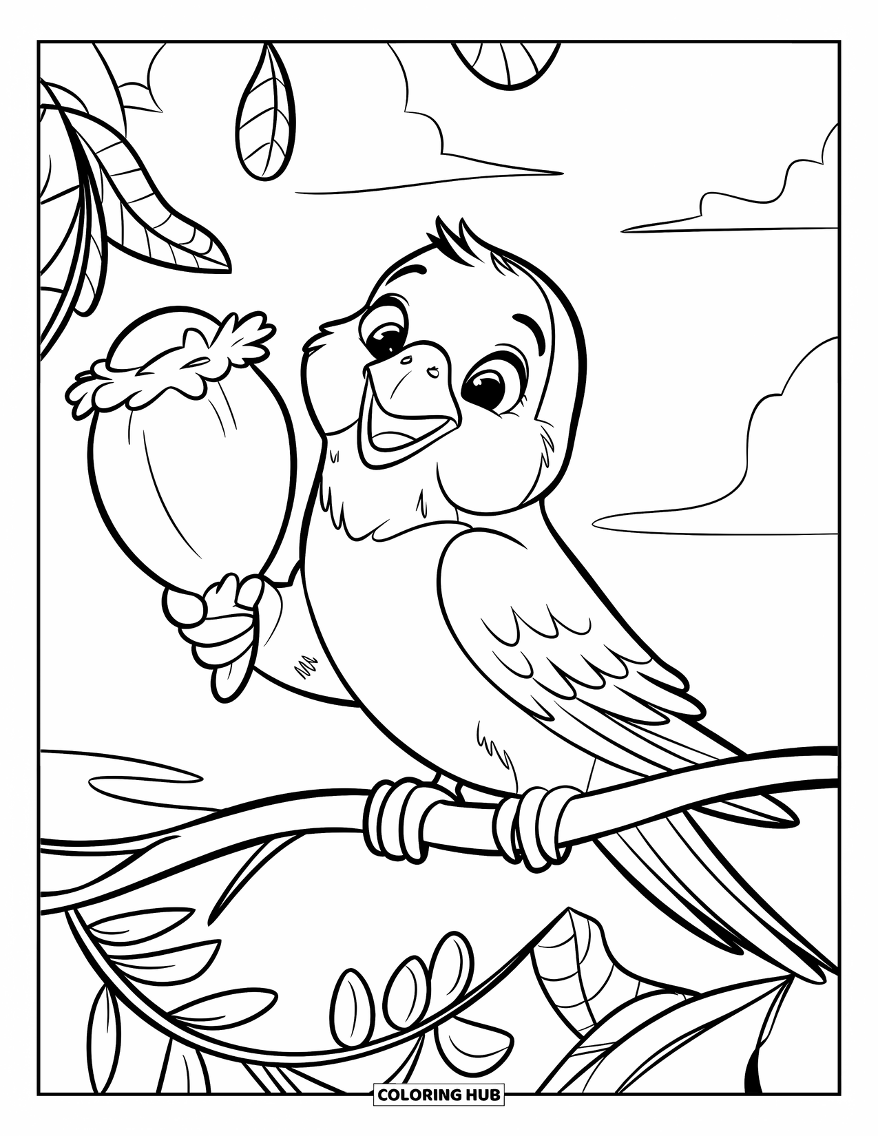 Parakeet Coloring Page for Kids: Parakeet with a big seed rests on a flowery branch beneath fluffy clouds