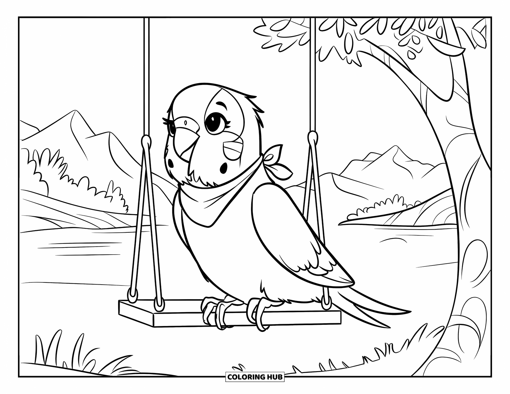 Parakeet Coloring Page for Kids: Parakeet with a tiny scarf swings happily over a peaceful mountain view
