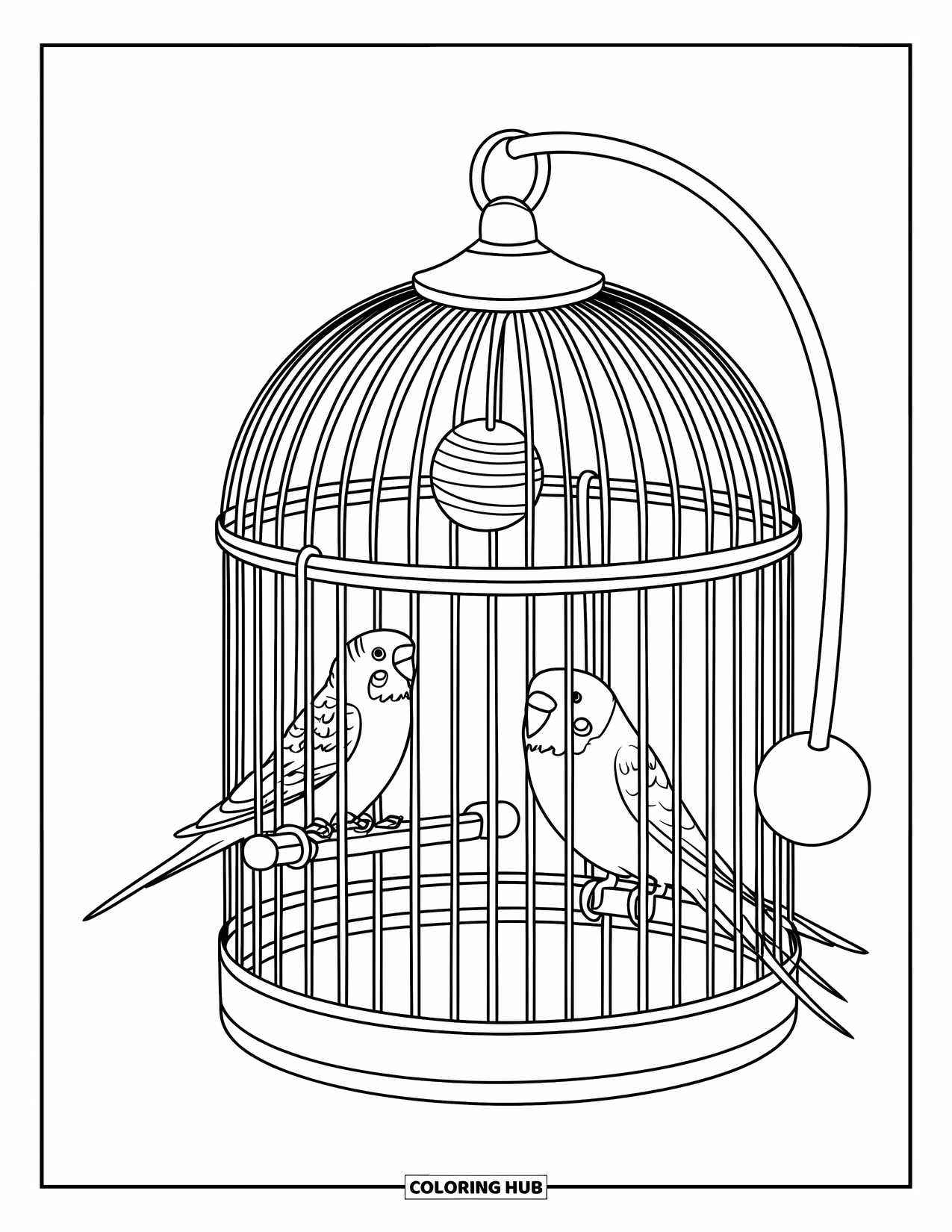 Parakeet Coloring Page for Kids: Parakeets play inside a birdcage with a swing and a ball