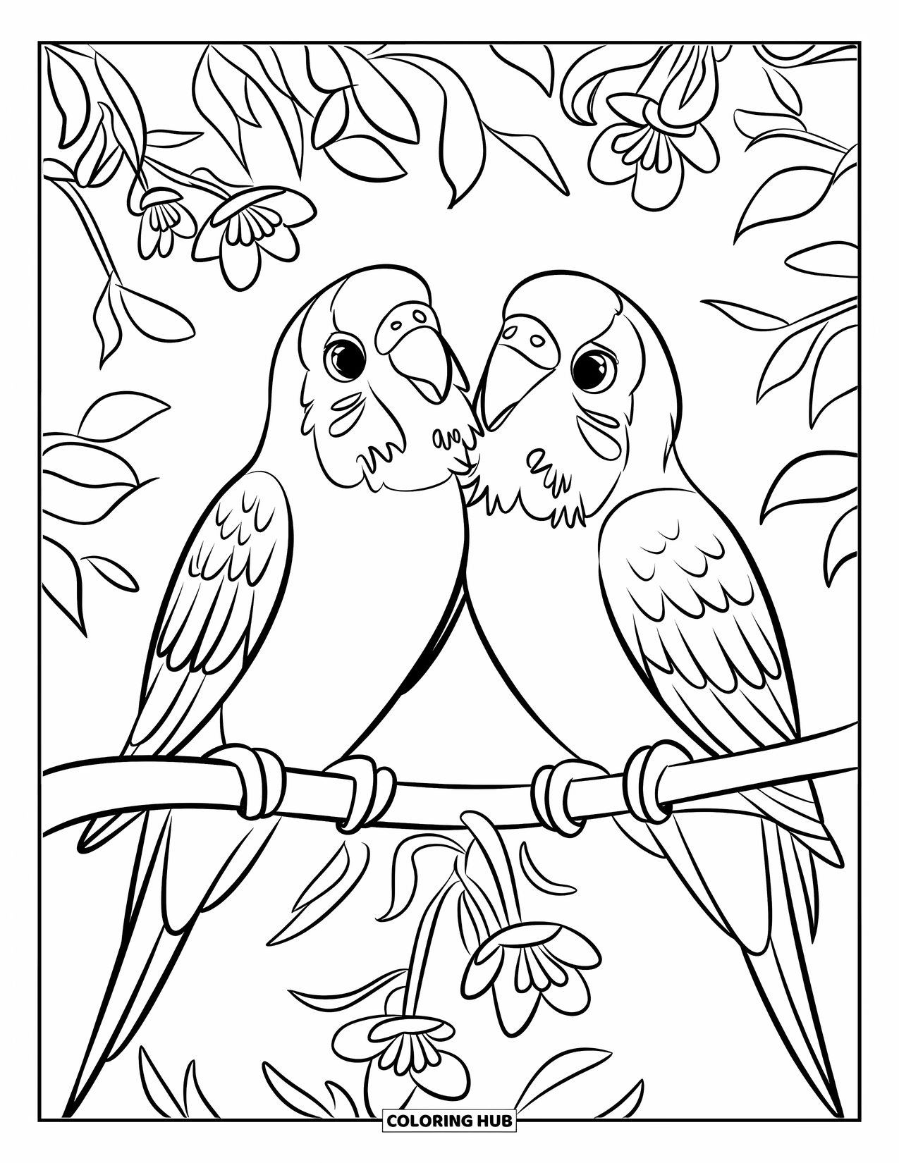 Parakeet Coloring Page for Kids: Two parakeets chat on a flowered branch filled with leaves and blooms