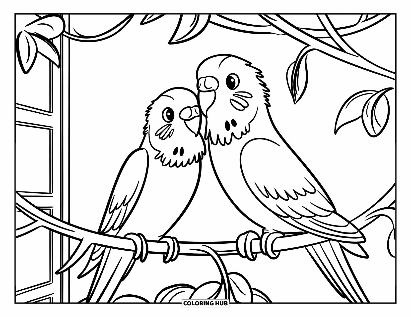 Parakeet Coloring Page for Kids: Two parakeets preen each other on a vine-covered perch against a simple wall