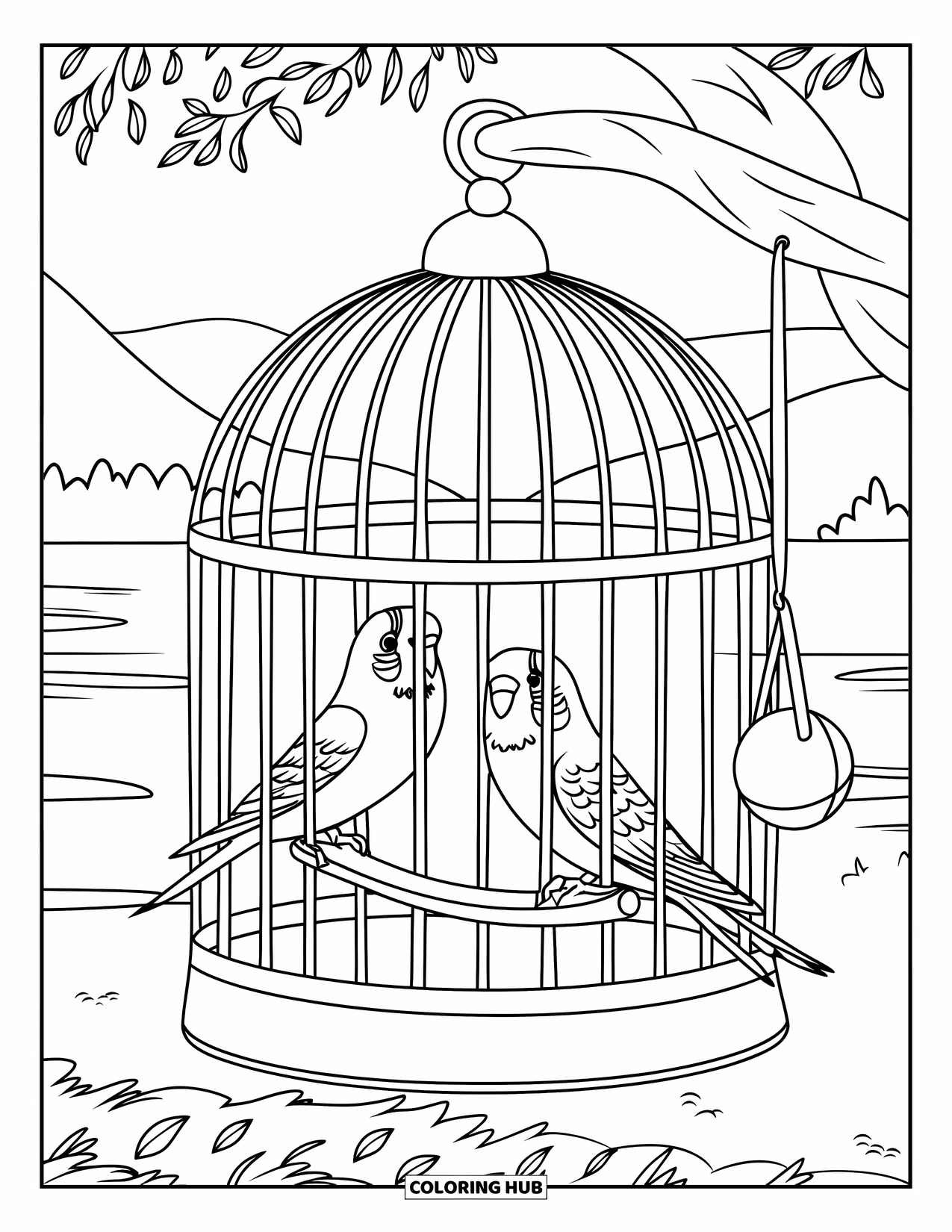 Parakeet Coloring Page for Kids: Two parakeets swing inside a birdcage with toys and a mountain view