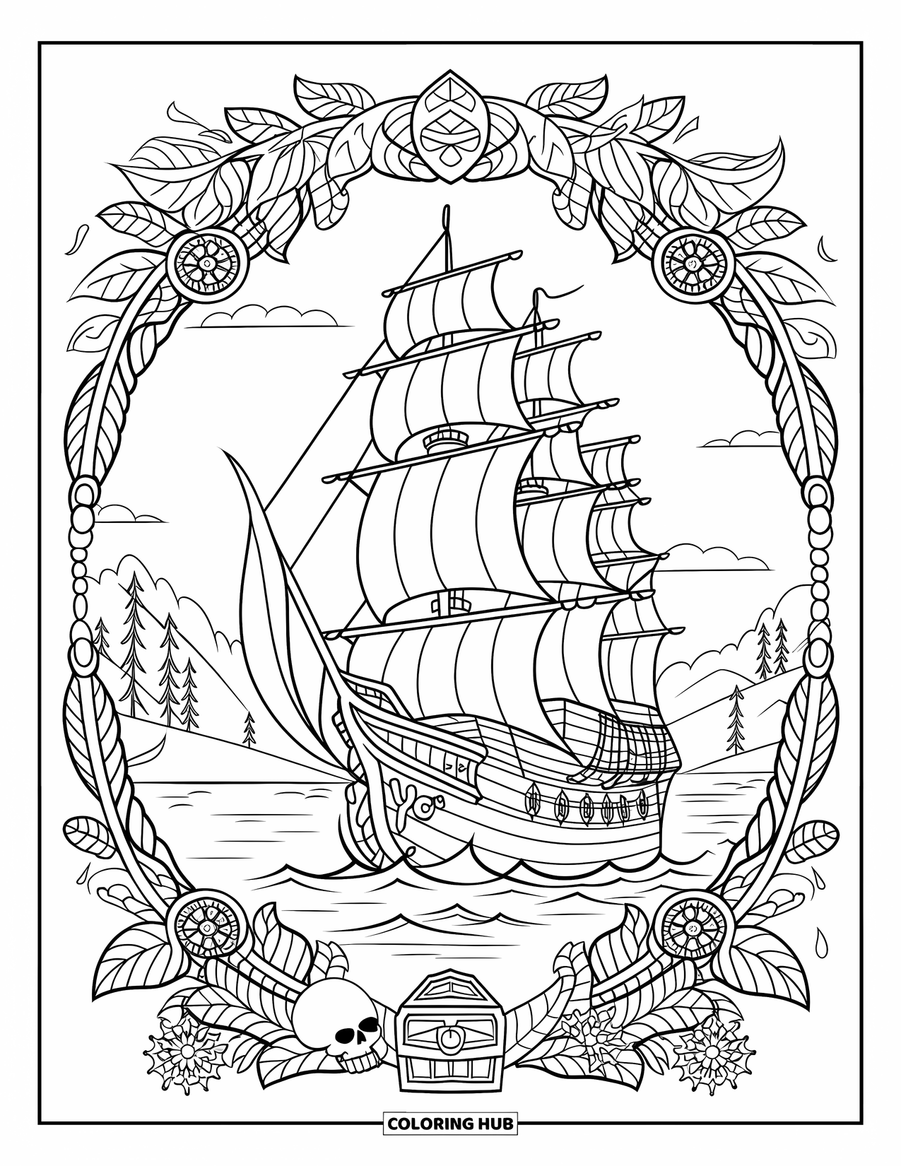 Pirate Ship Coloring Page for Adults: A detailed ship with sails is framed by plants, treasure, swords, and a peaceful lake