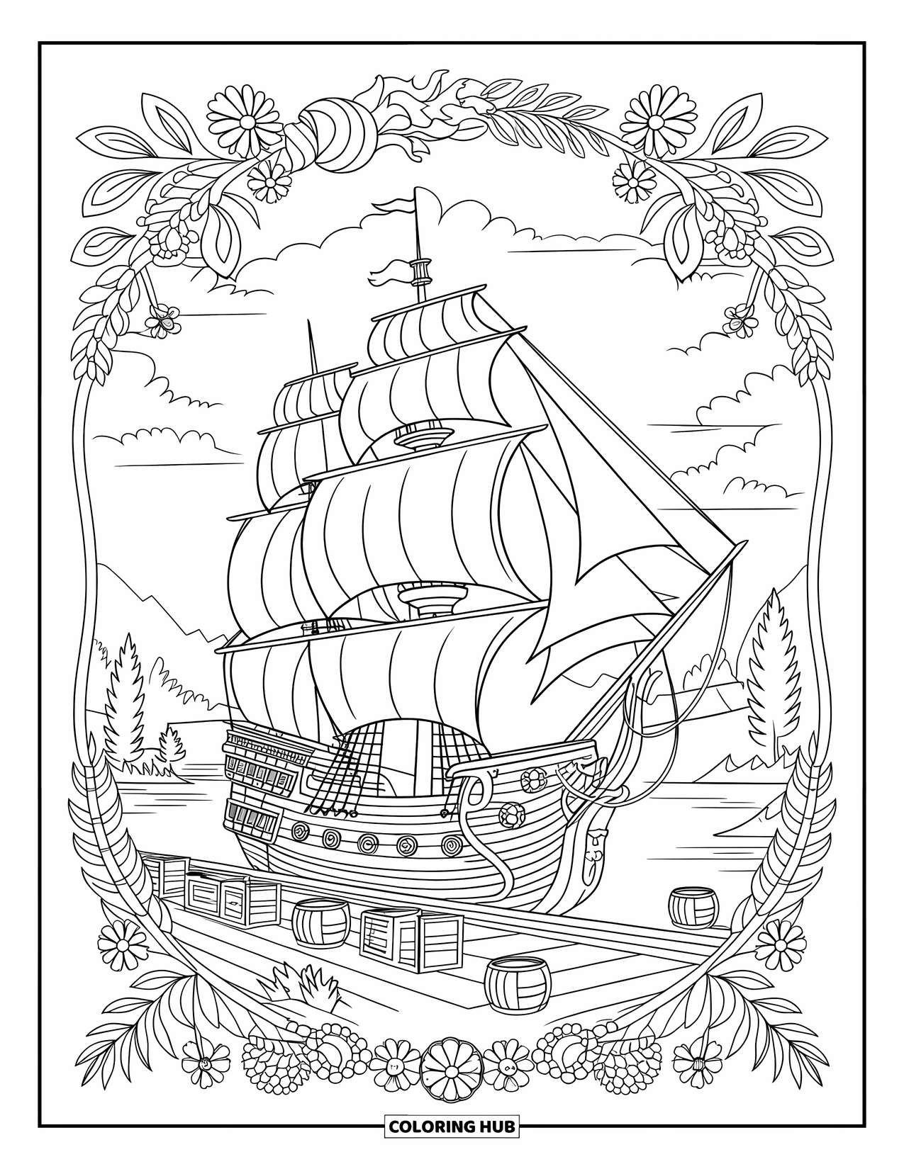 Pirate Ship Coloring Page for Adults: A docked pirate ship is framed by plants, flowers, and a mountain view in the distance