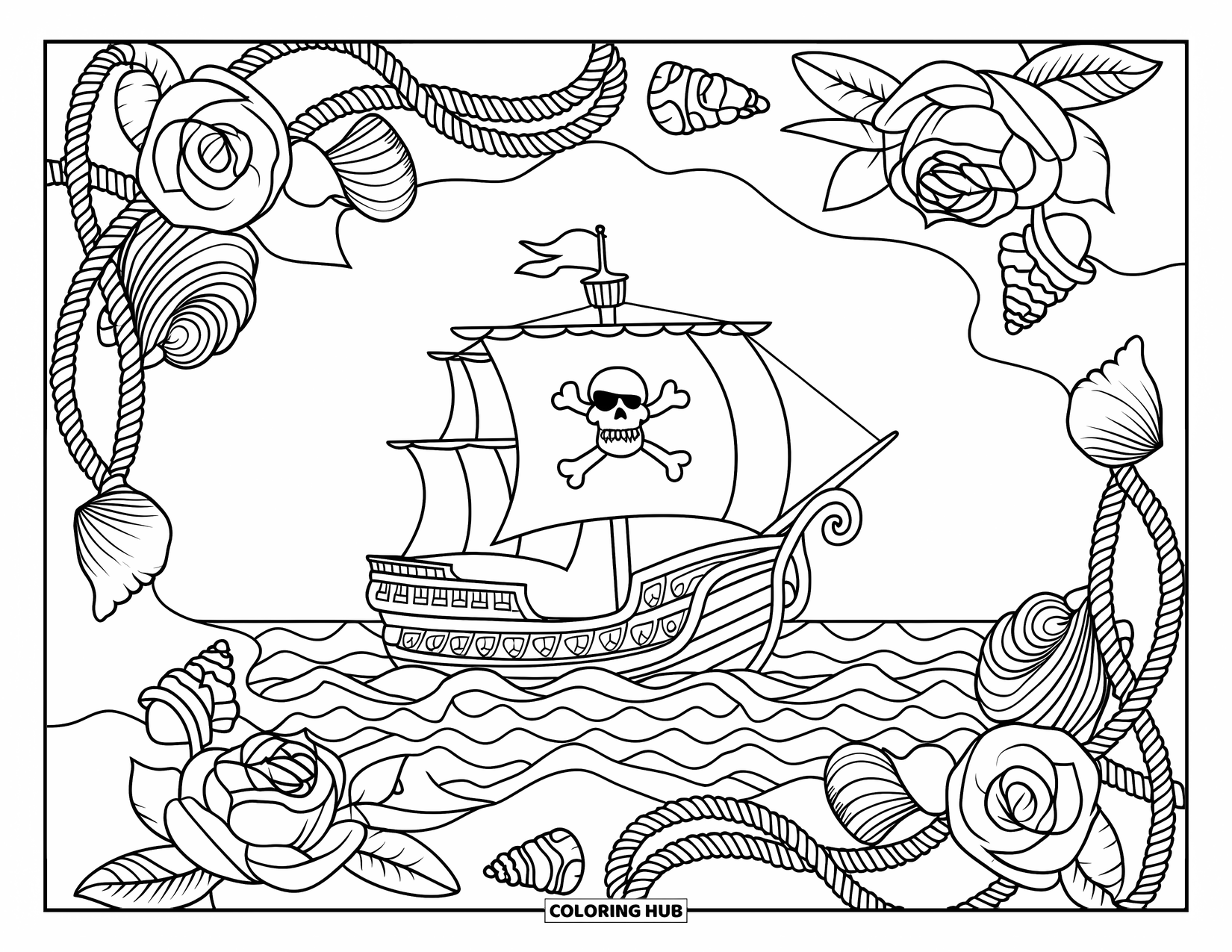 Pirate Ship Coloring Page for Adults: A jolly roger ship sails through the ocean, framed with intricate shells and flowers