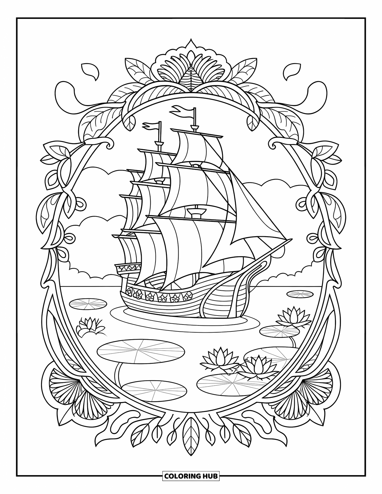 Pirate Ship Coloring Page for Adults: A pirate ship floats near lotus flowers, framed by leaves and vines in a mandala