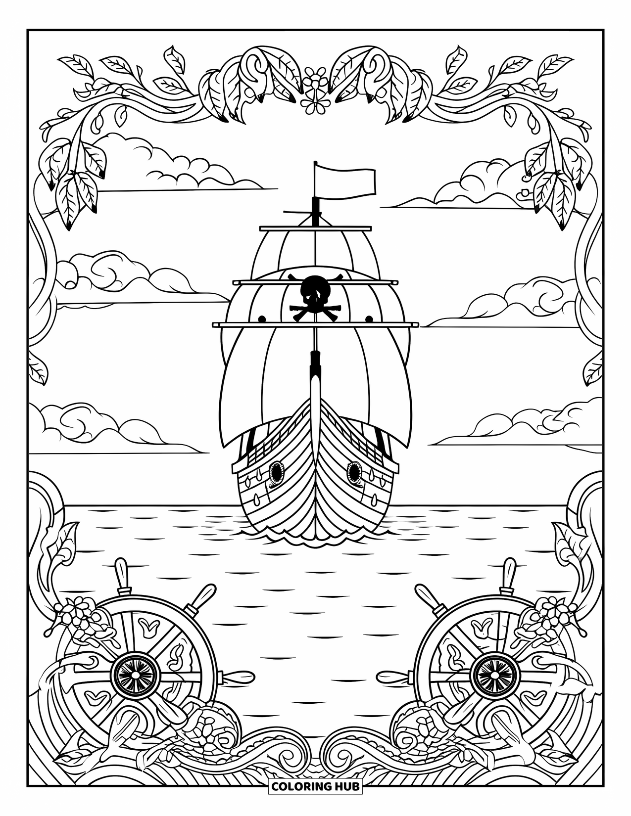 Pirate Ship Coloring Page for Adults: A pirate ship sails peacefully under clouds, surrounded by floral vines and nautical wheels