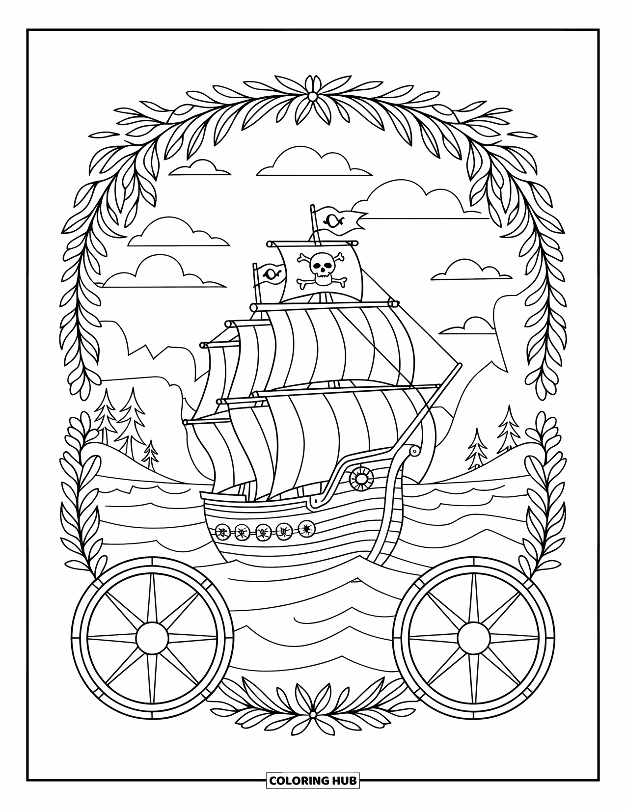 Pirate Ship Coloring Page for Adults: A pirate ship sails the open sea, framed with flowers, wheels, and soft cloud skies