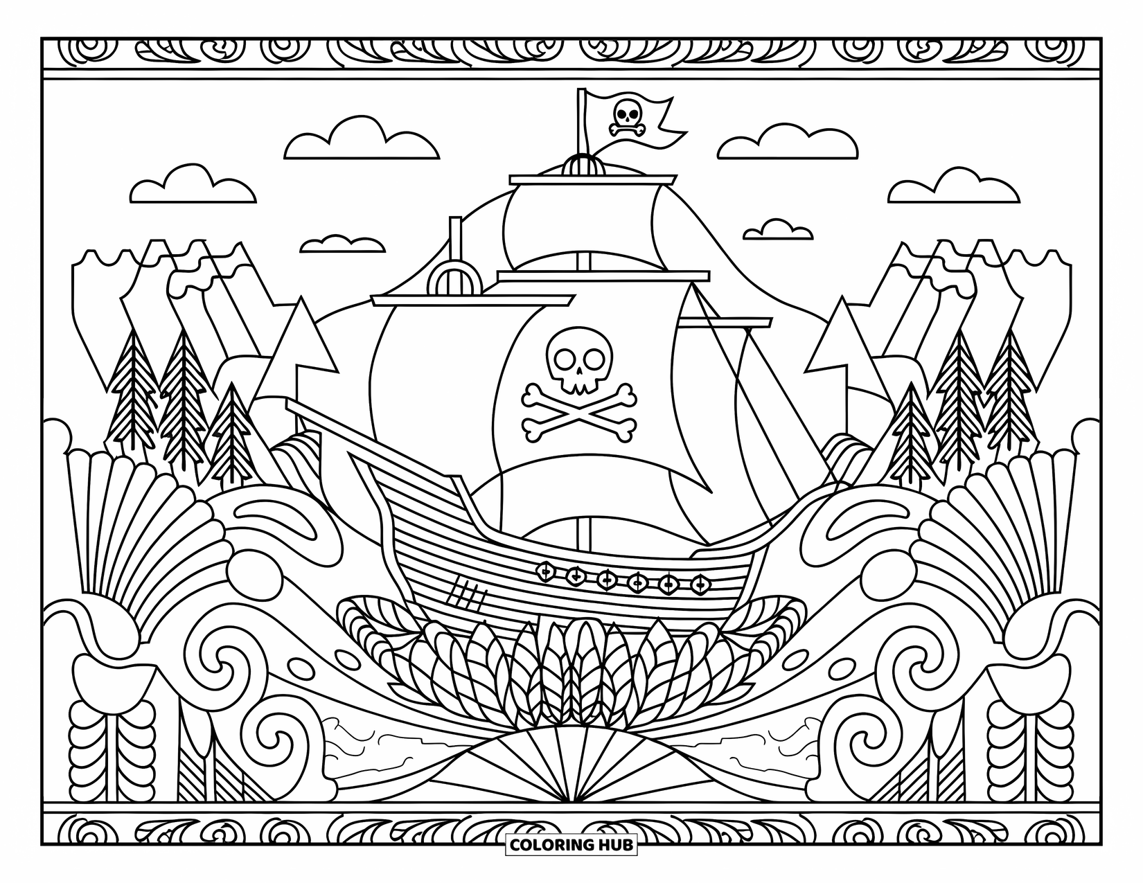 Pirate Ship Coloring Page for Adults: A pirate ship sails with clouds and mountains behind, framed by detailed floral borders