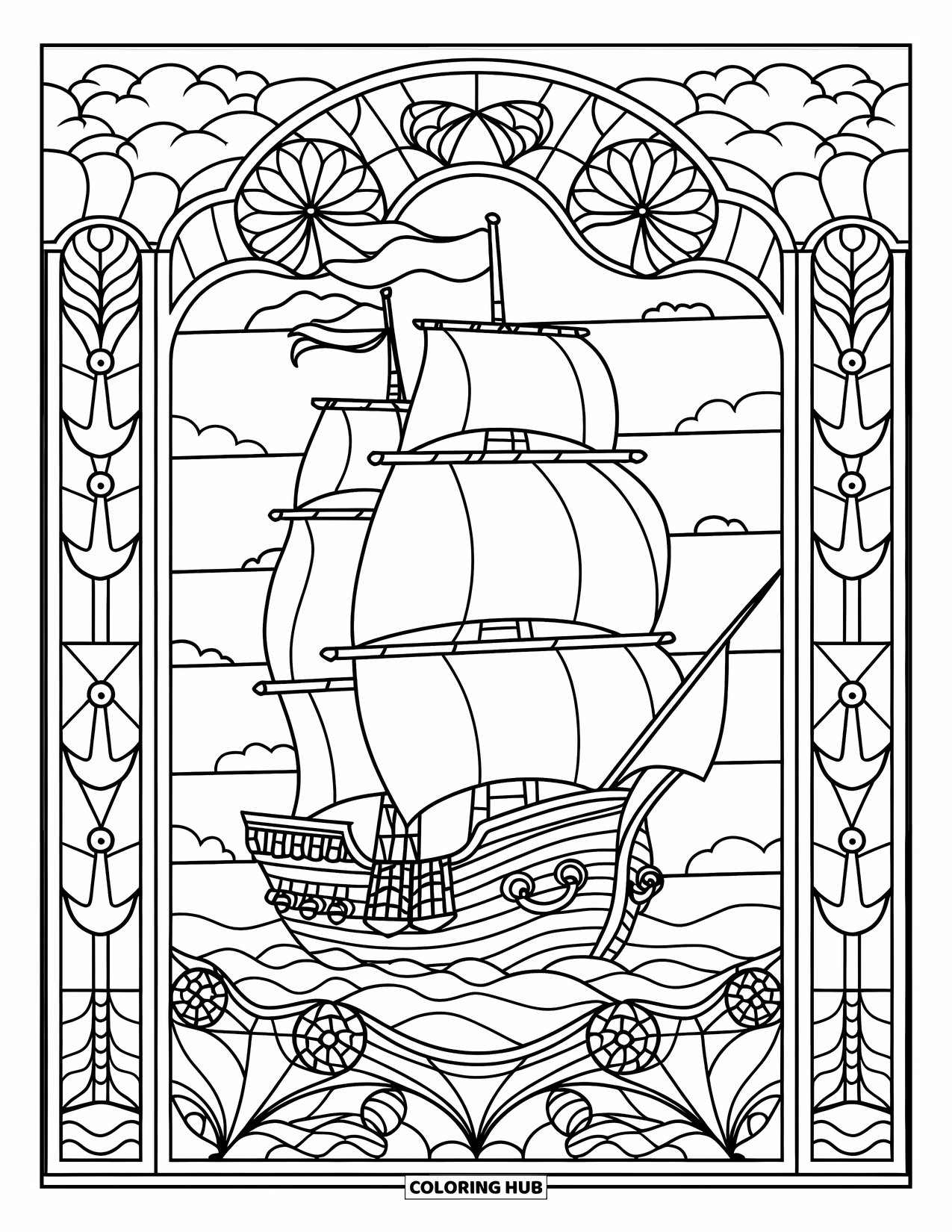 Pirate Ship Coloring Page for Adults: A pirate ship sits in stained-glass panels with anchors, flowers, and a sky full of clouds