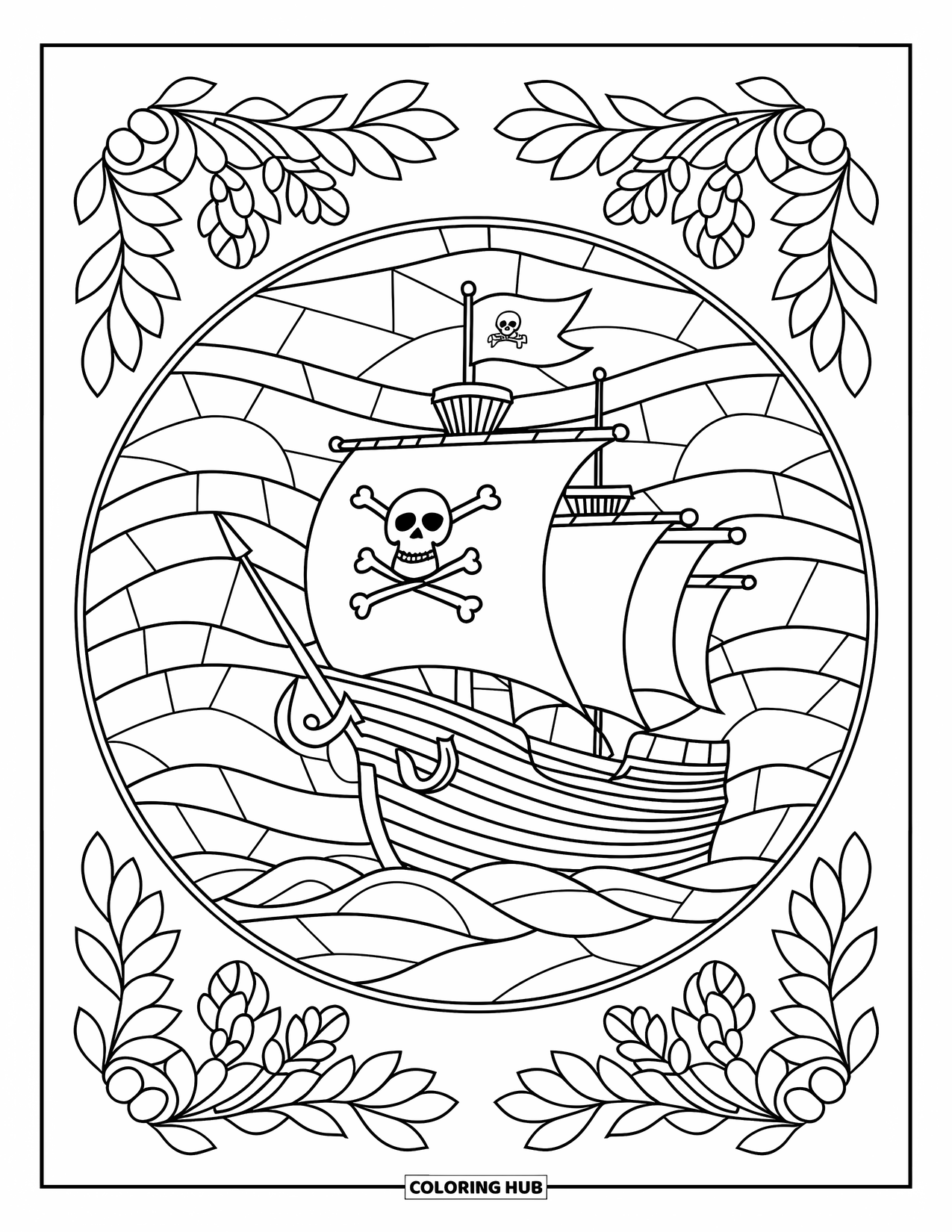 Pirate Ship Coloring Page for Adults: A pirate ship with a skull flag is enclosed in stained-glass waves and sea plants