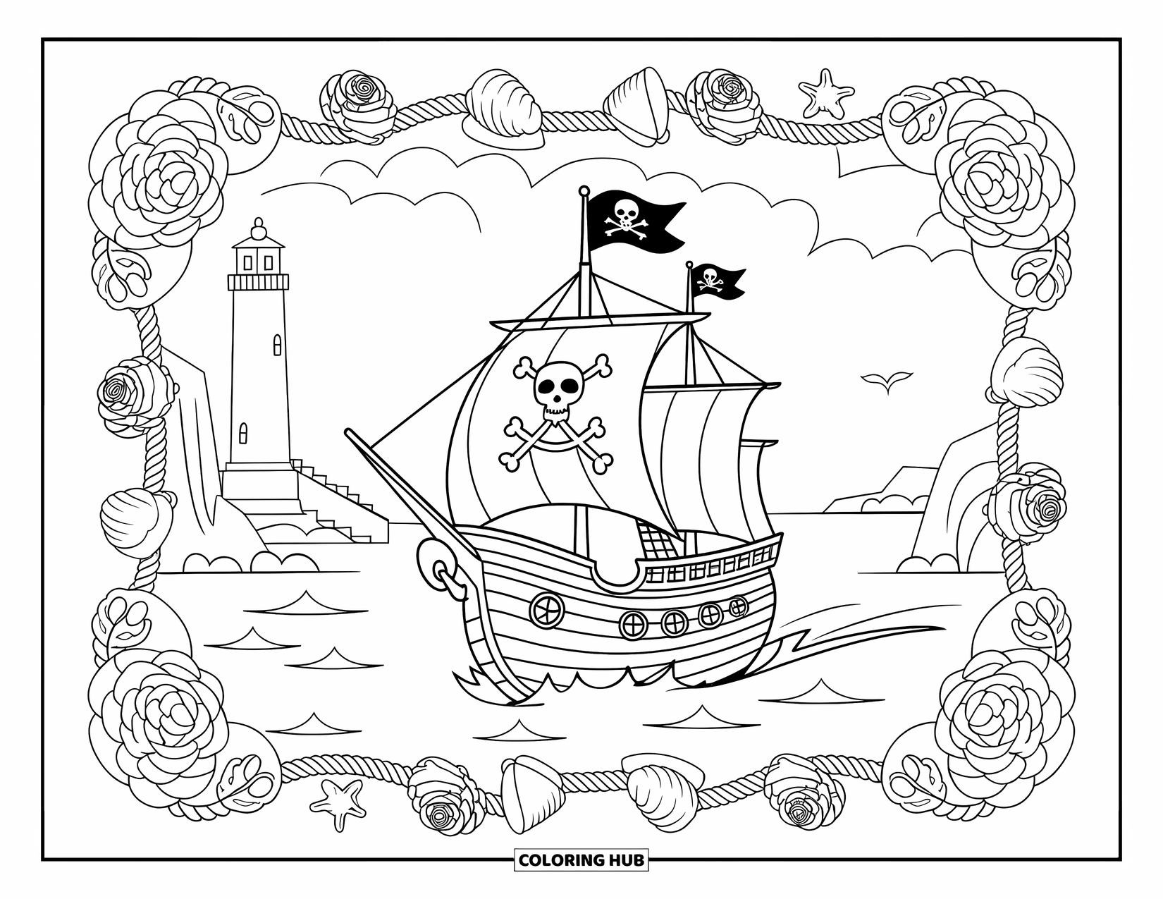 Pirate Ship Coloring Page for Adults: A pirate ship with an anchor sails near a lighthouse, surrounded by roses and ropes