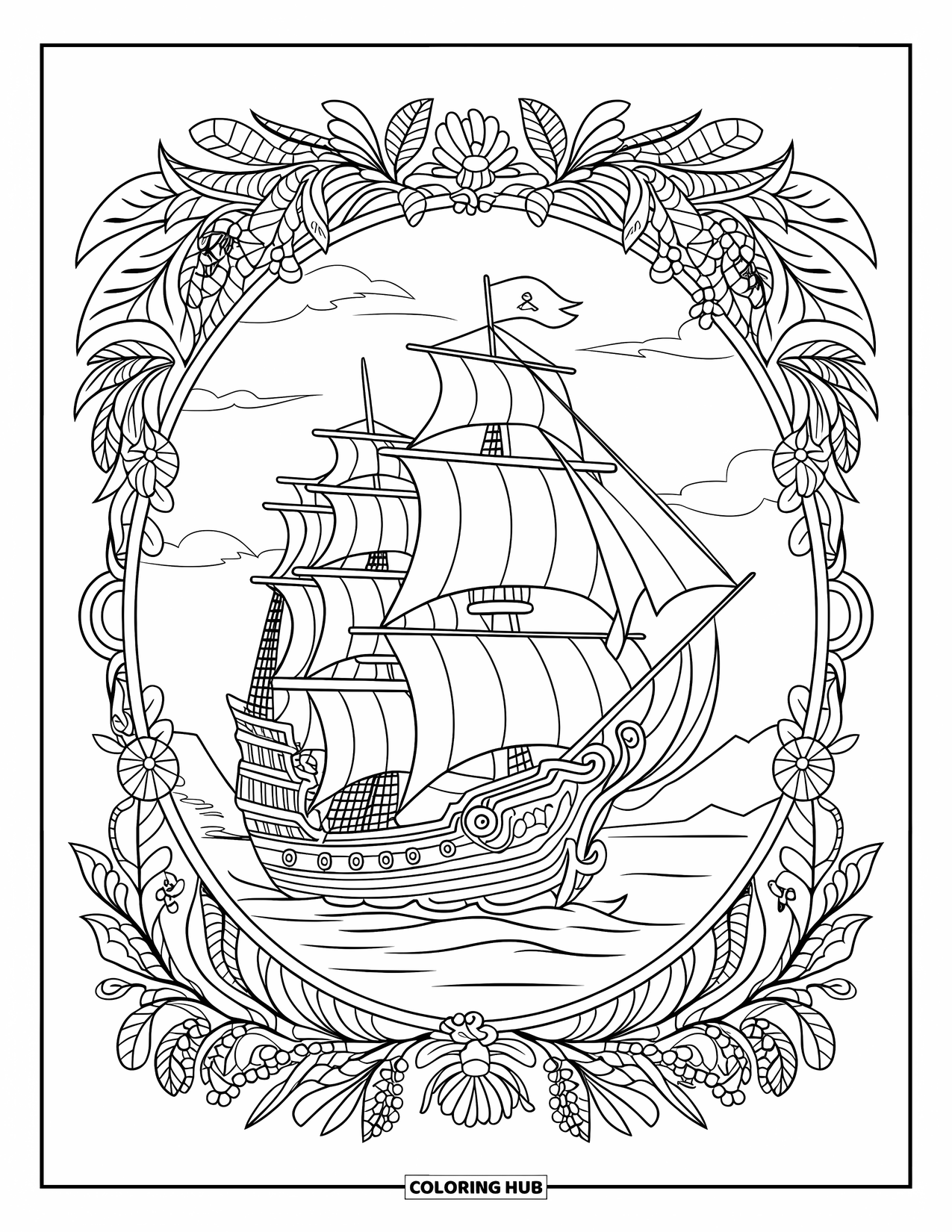 Pirate Ship Coloring Page for Adults: A pirate ship with flowing sails is framed by leaves, flowers, and vines in mandala form