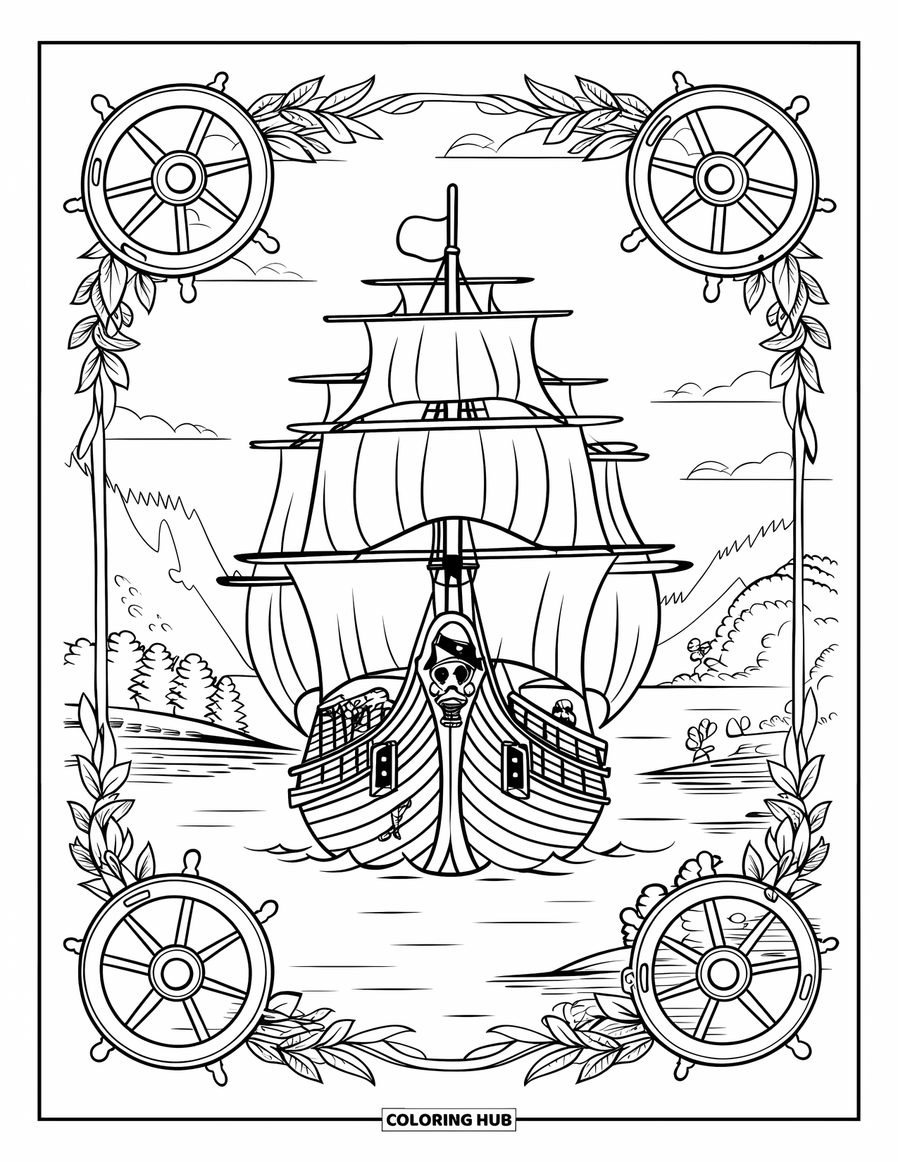 Pirate Ship Coloring Page for Adults: A pirate ship with pirates aboard sails past trees and mountains, framed with floral vines