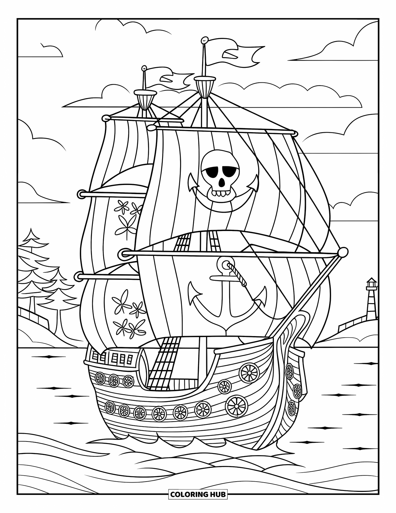 Pirate Ship Coloring Page for Adults: A vintage ship sails calm waters with sea flower glass panels and a lighthouse view