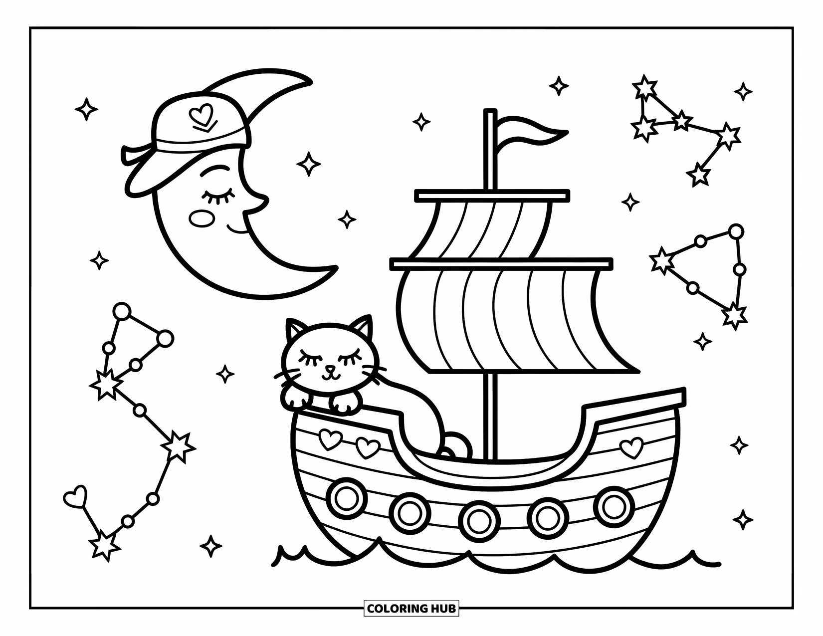 Pirate Ship Coloring Page for Adults: Crescent moon with a nightcap shines over a pirate ship and sleepy cat stargazing