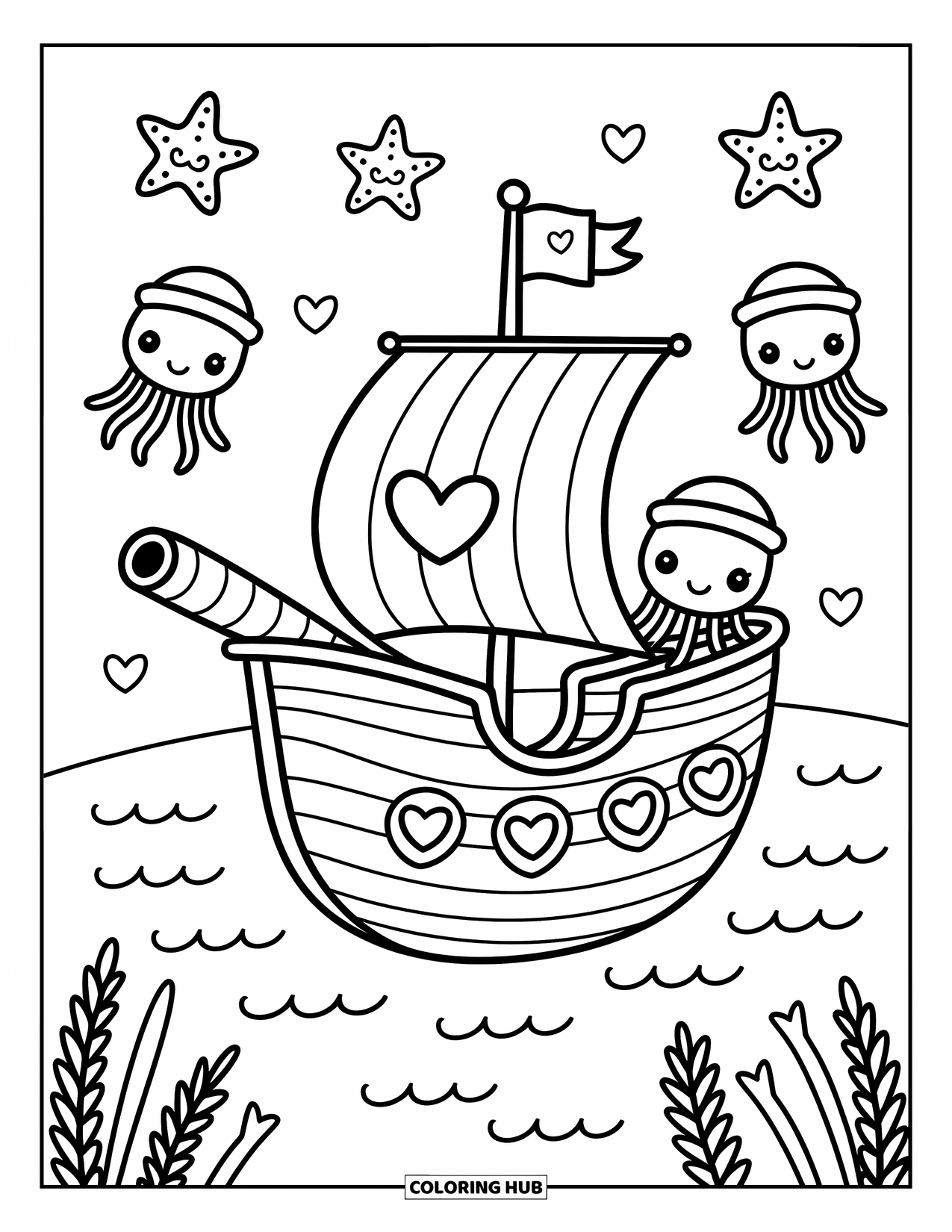 Pirate Ship Coloring Page for Adults: Cute pirate ship floats with jellyfish and sea stars in a cozy ocean scene