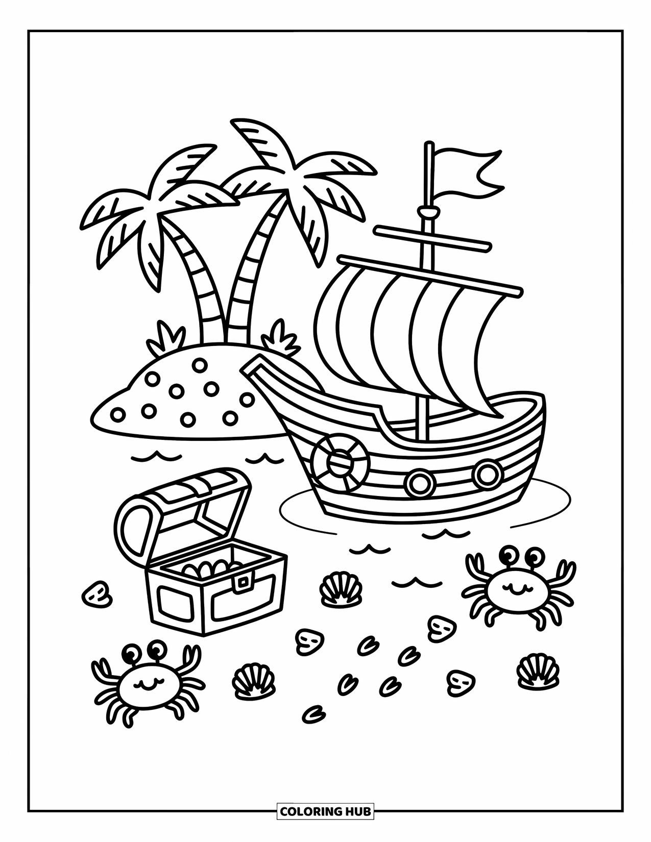 Pirate Ship Coloring Page for Adults: Footprints lead from pirate ship to treasure on an island with cute seashells