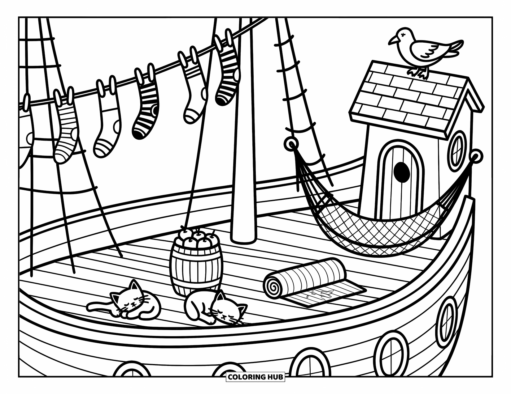 Pirate Ship Coloring Page for Adults: Pirate ship deck with flapping laundry, kitten napping, and a curious seagull