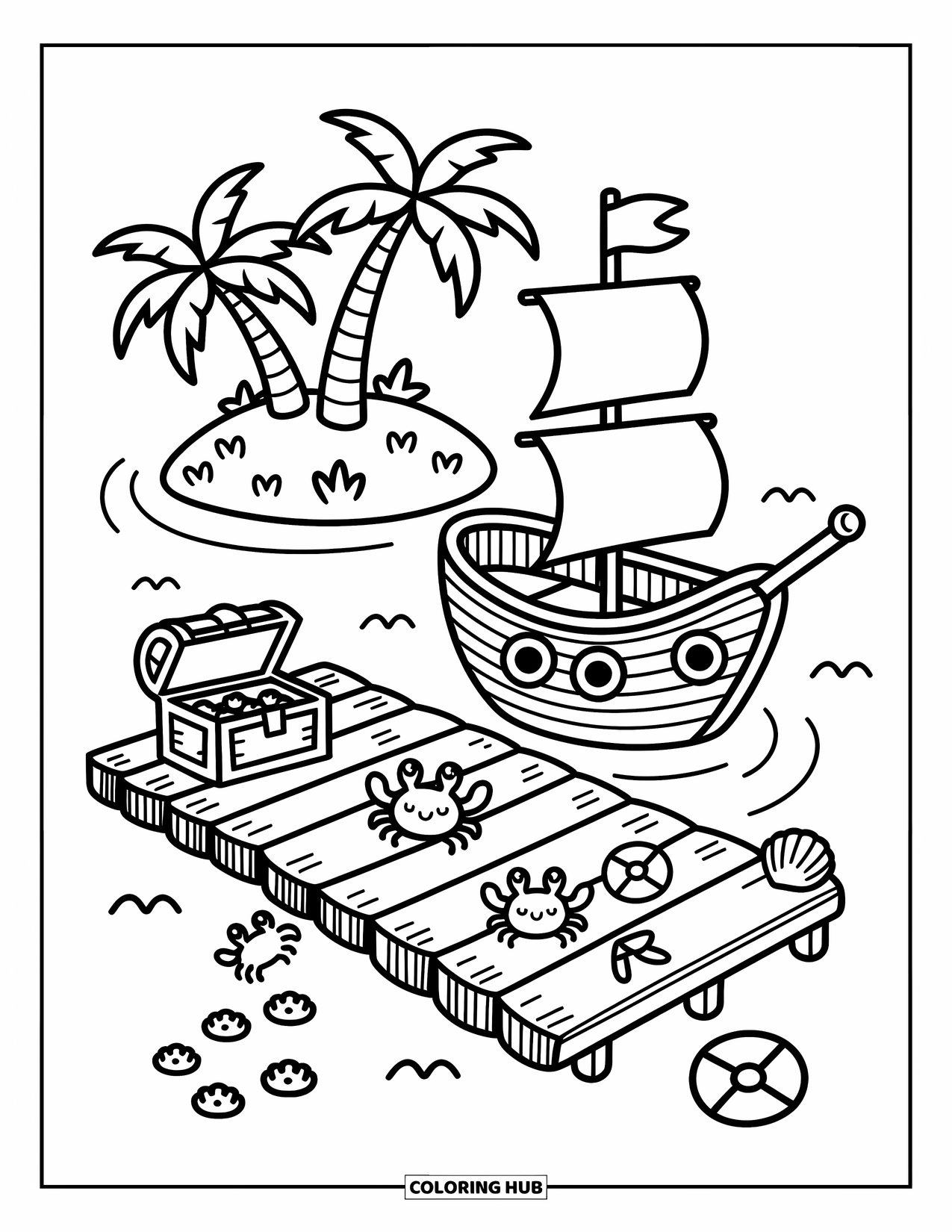 Pirate Ship Coloring Page for Adults: Pirate ship rests by an island with happy crabs and a cheerful treasure chest