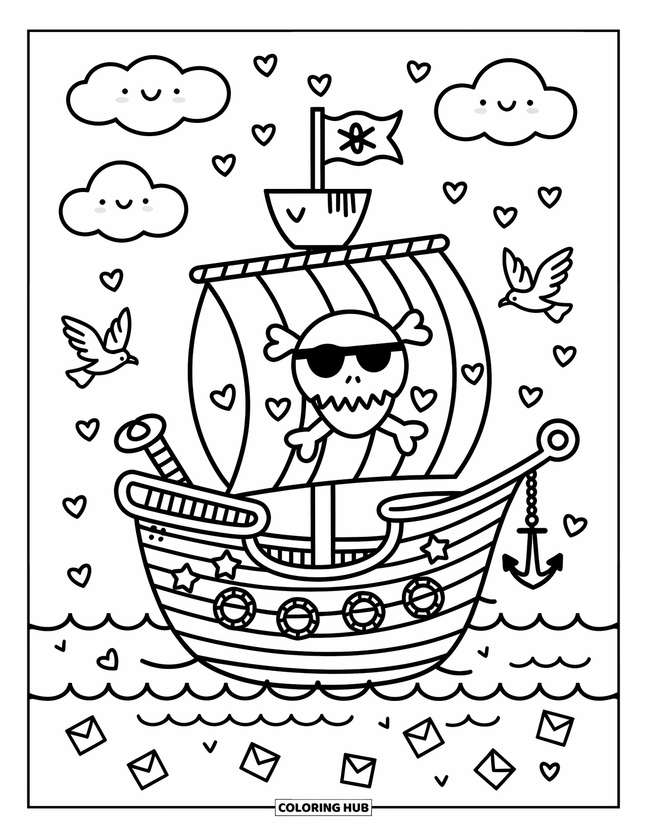 Pirate Ship Coloring Page for Adults: Rounded sails with stars glide through smiling clouds and floating messages