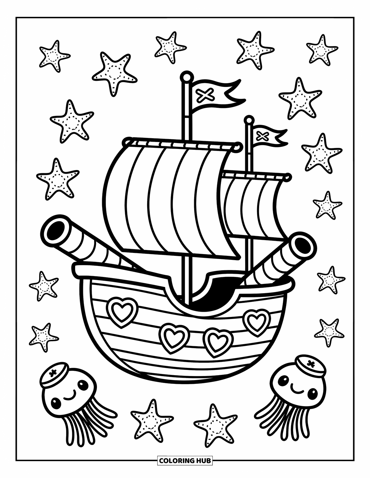 Pirate Ship Coloring Page for Adults: Sea stars wave flags as jellyfish in hats surround a cozy pirate ship