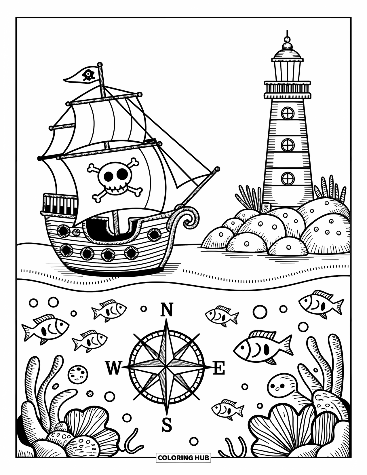 Pirate Ship Coloring Page for Adults: Smiling fish, coral, and a striped lighthouse greet a sailing pirate ship