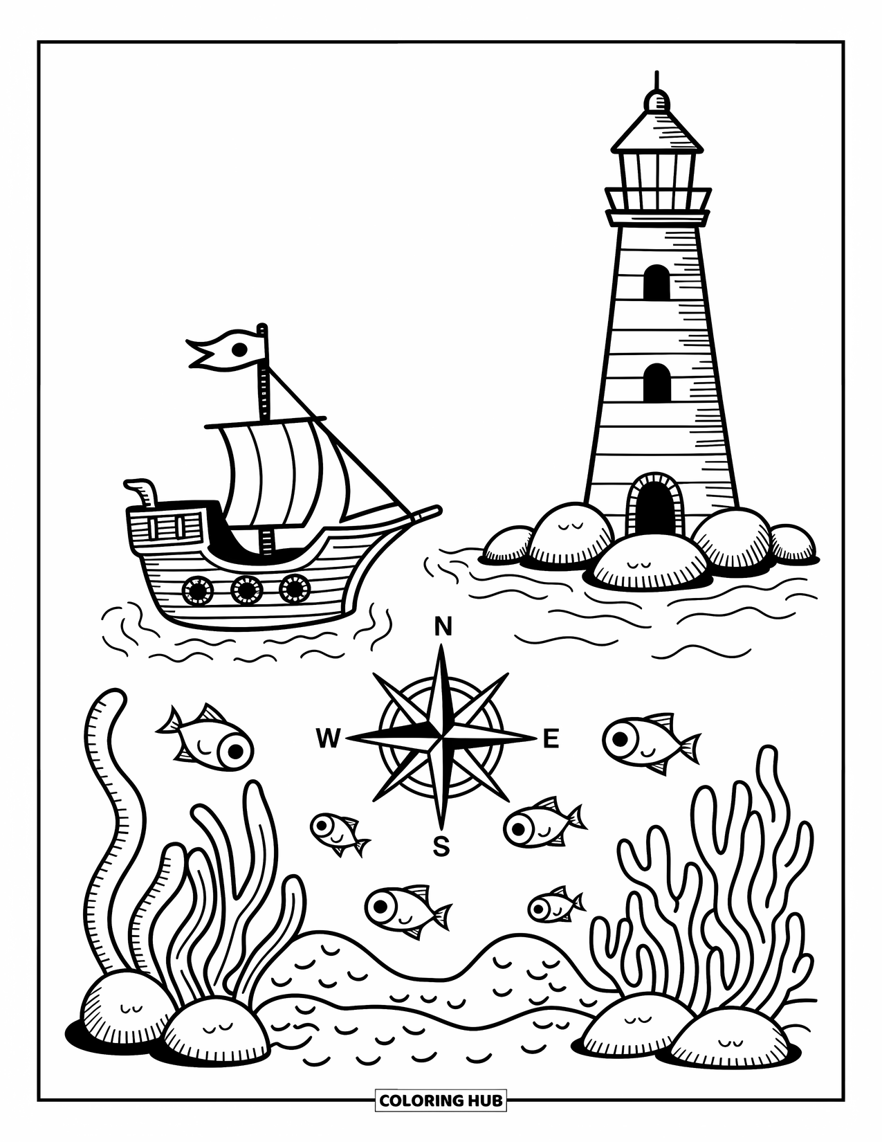 Pirate Ship Coloring Page for Adults: Tiny ship and striped lighthouse float near playful sea creatures and a compass rose