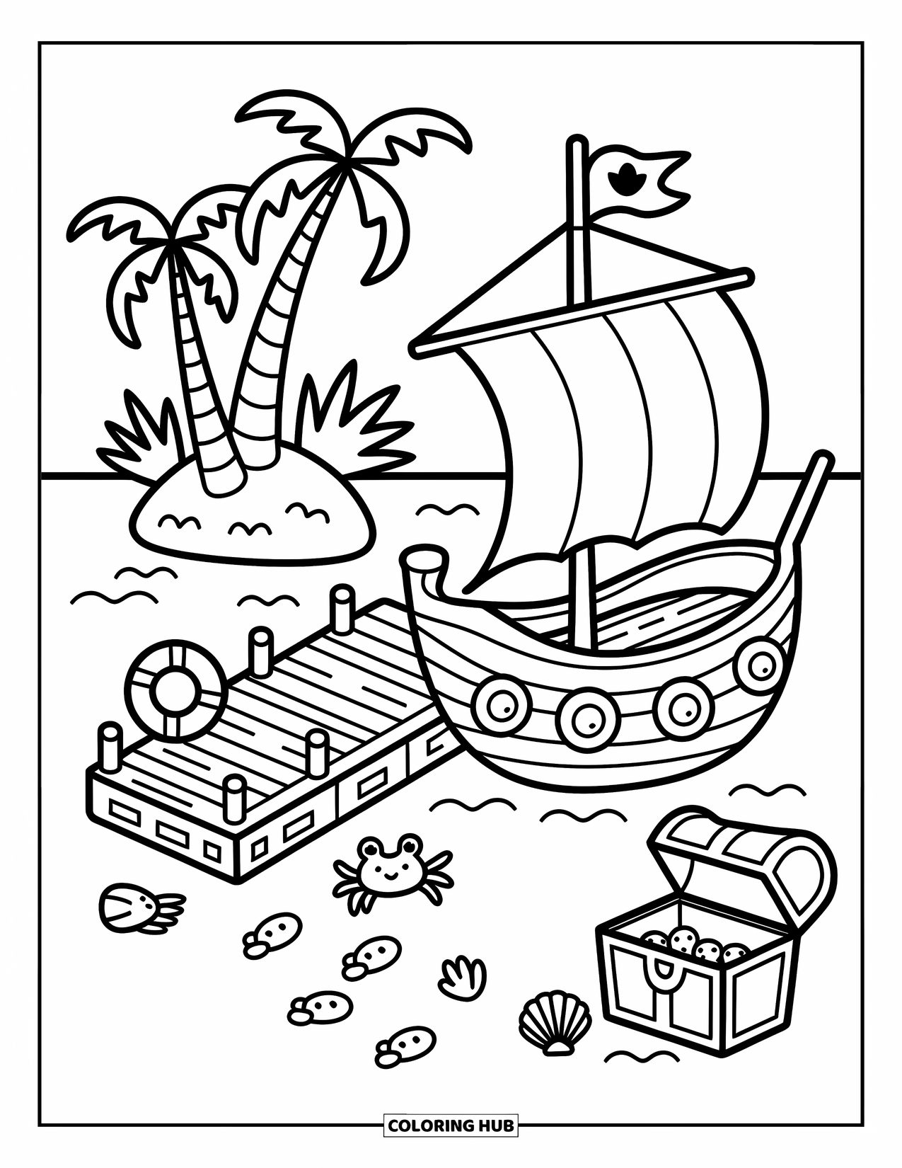 Pirate Ship Coloring Page for Adults: Tiny treasure chest and palm trees brighten a pirate ship docked beside a cozy island