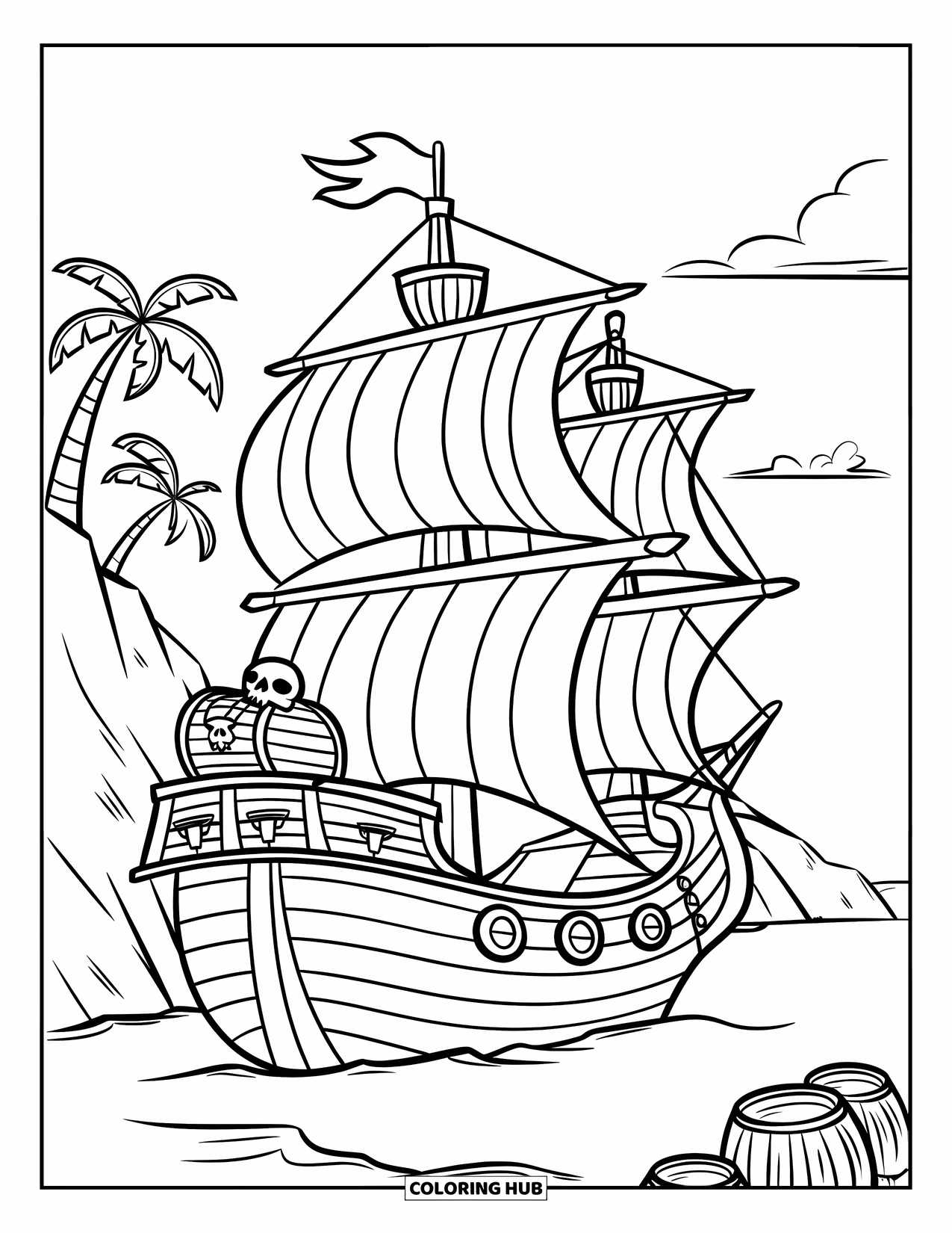 Pirate Ship Coloring Page for Kids: Anchored pirate ship with barrels and a skull chest near palm trees